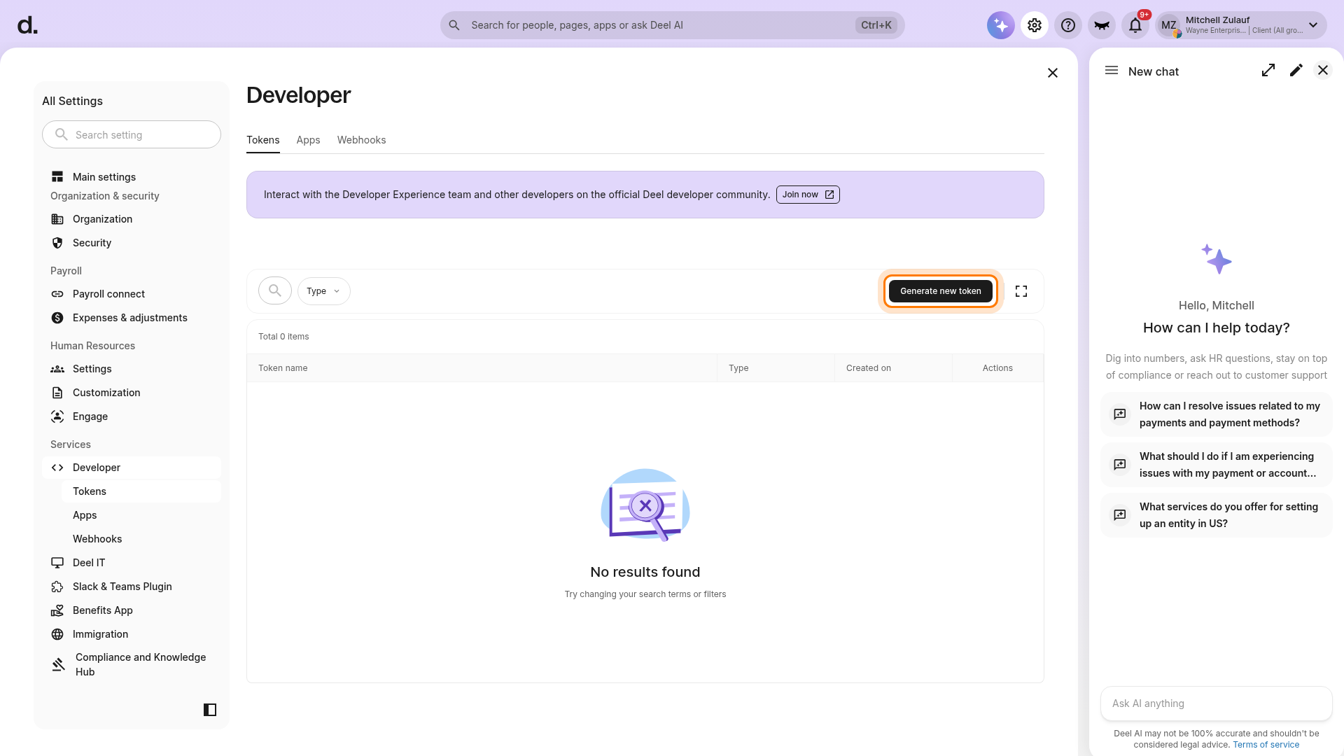 Developer page Tokens tab