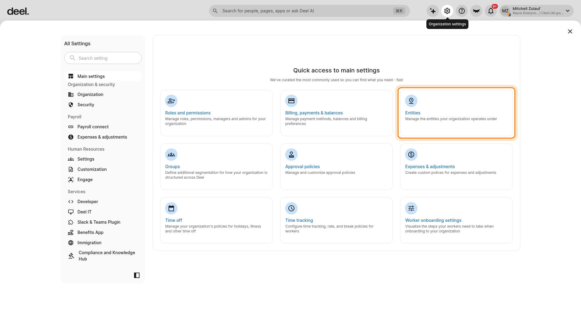 Entities card on the All Settings page
