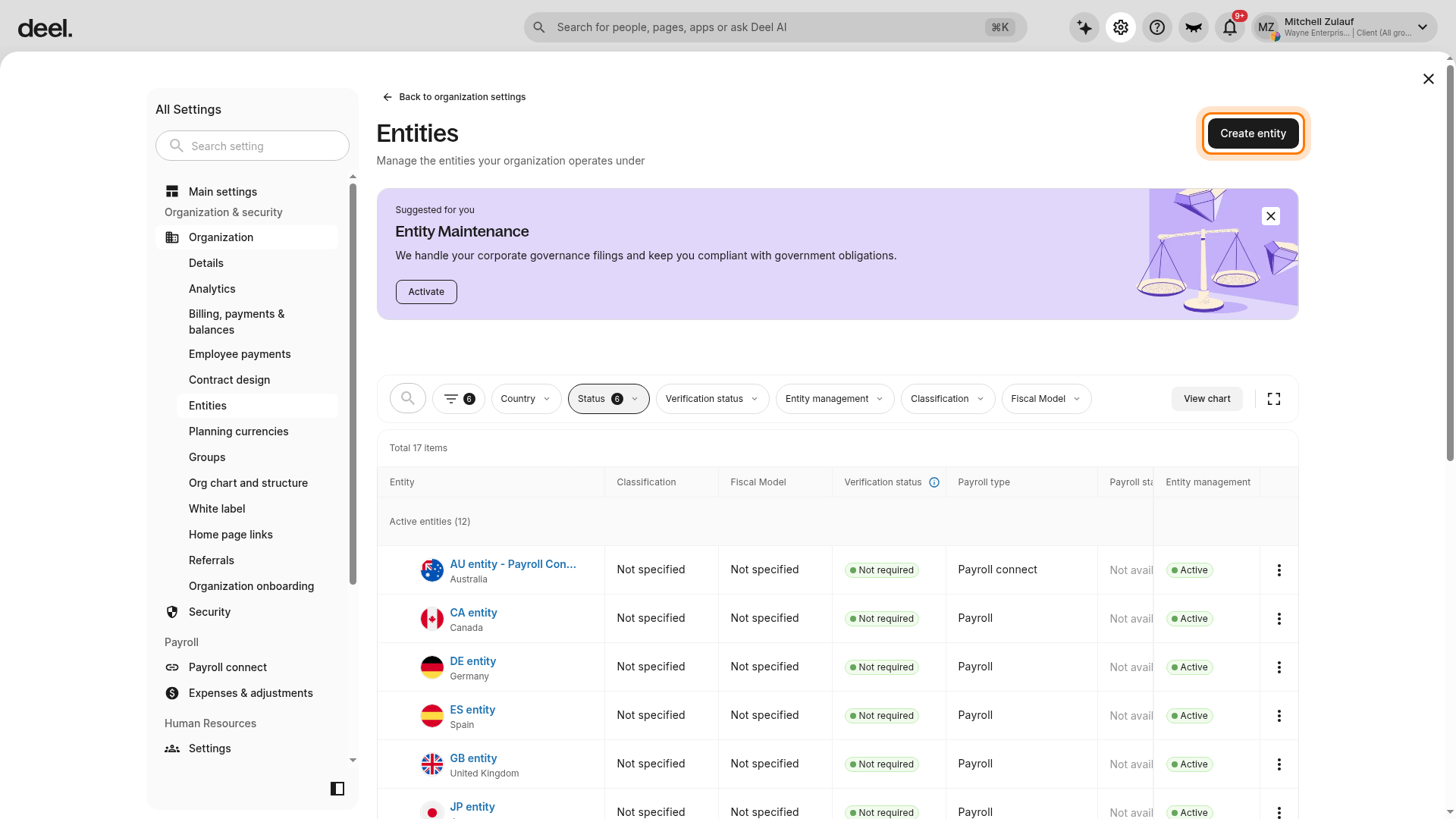 Create entity button on the Entities page