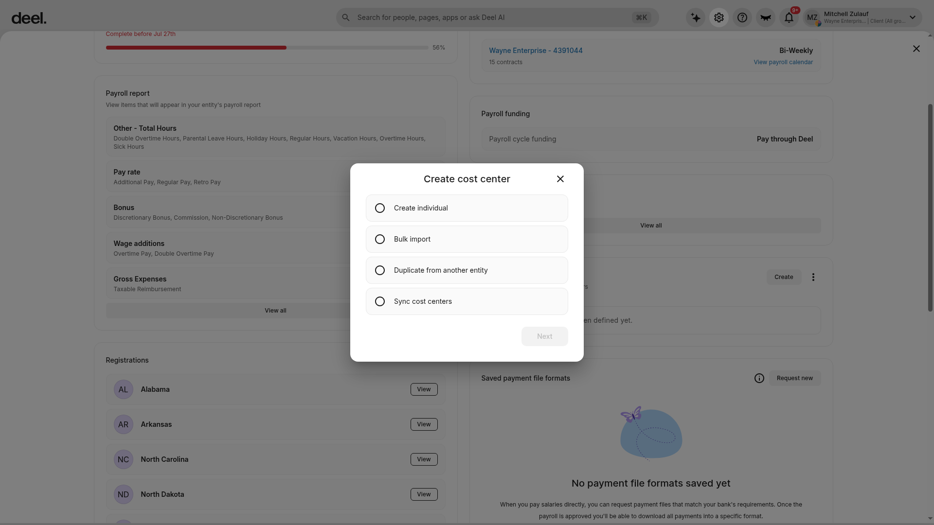 Create cost center modal