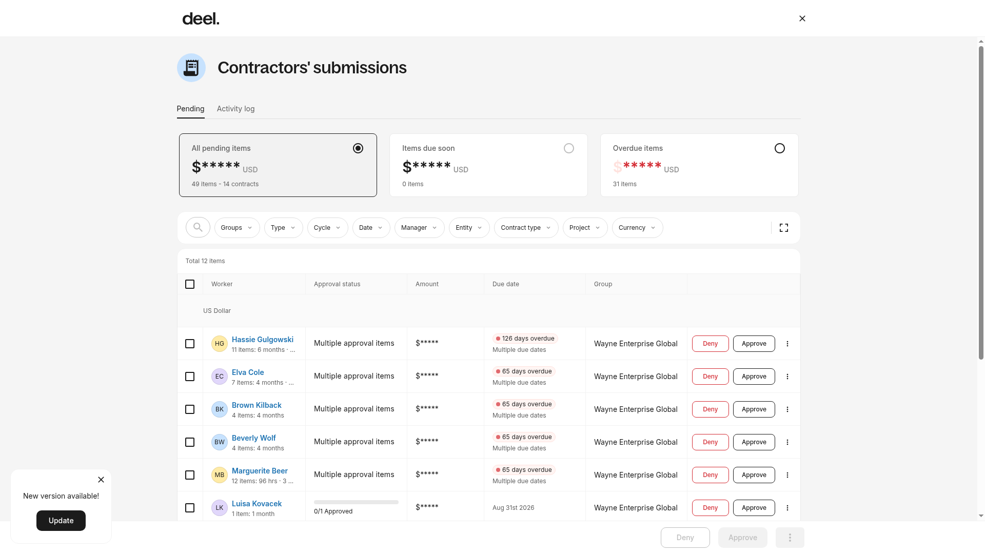 Pending contractor submissions