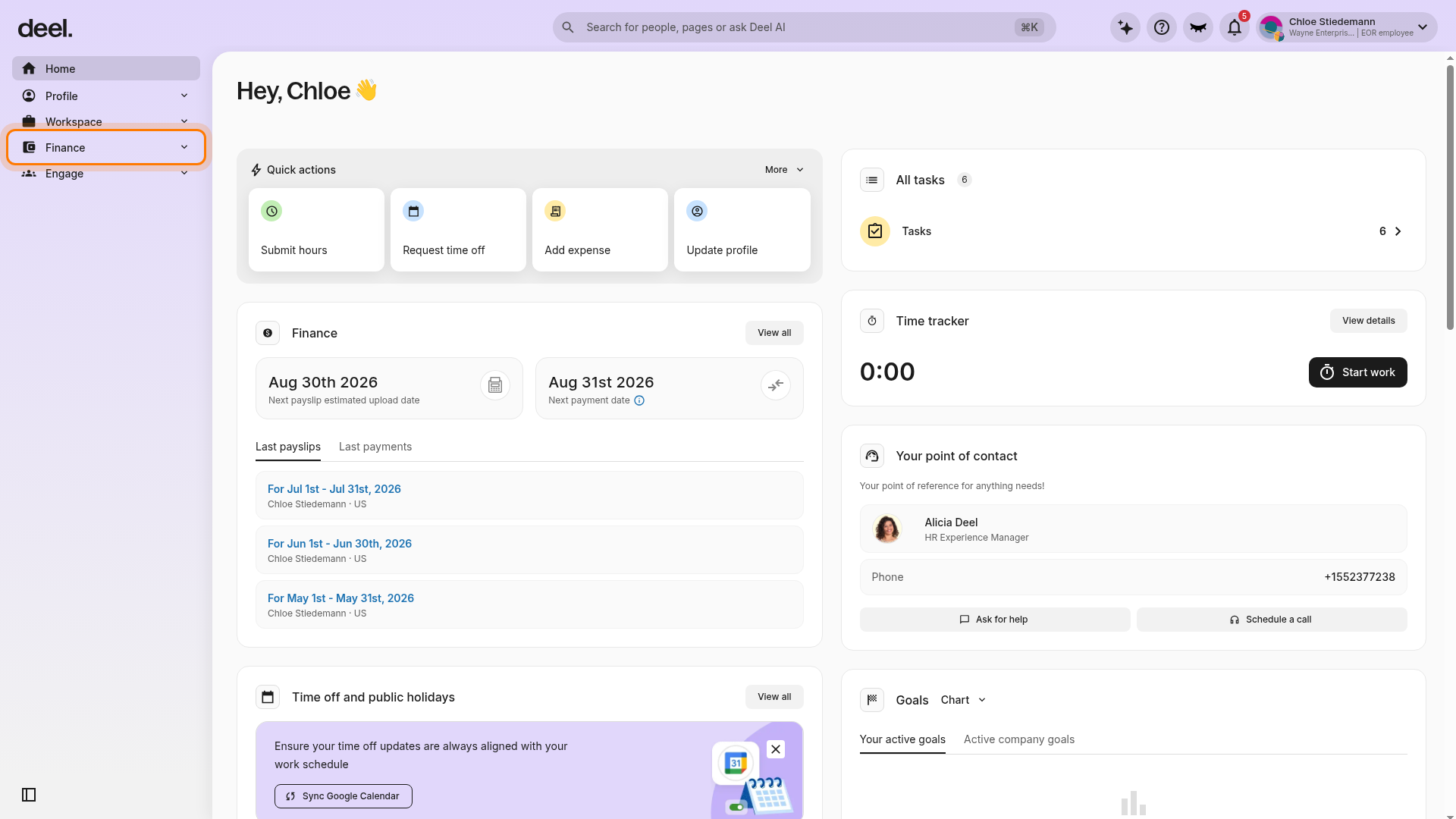 Finance in the left sidebar