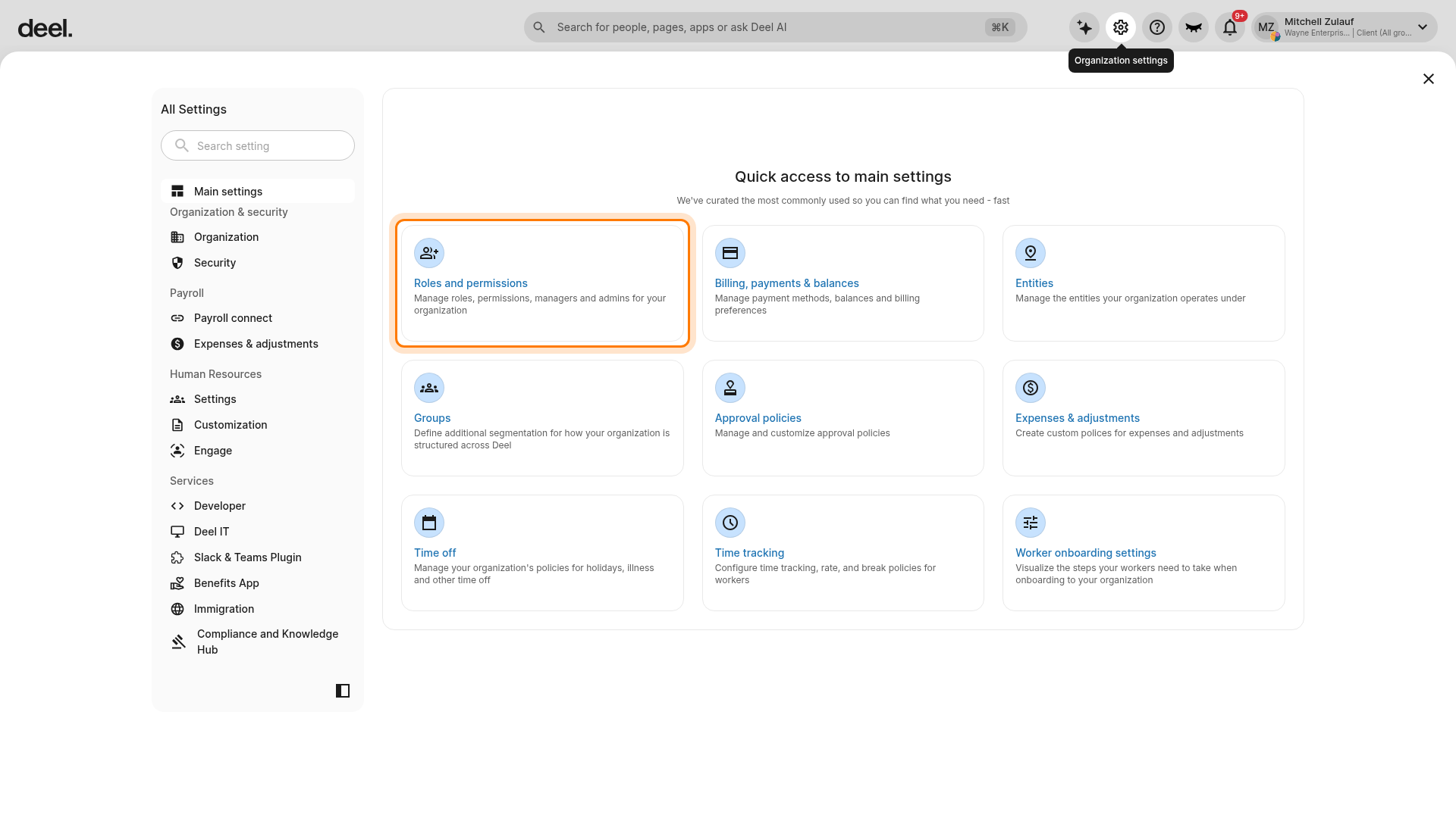 Roles and permissions in Organization settings