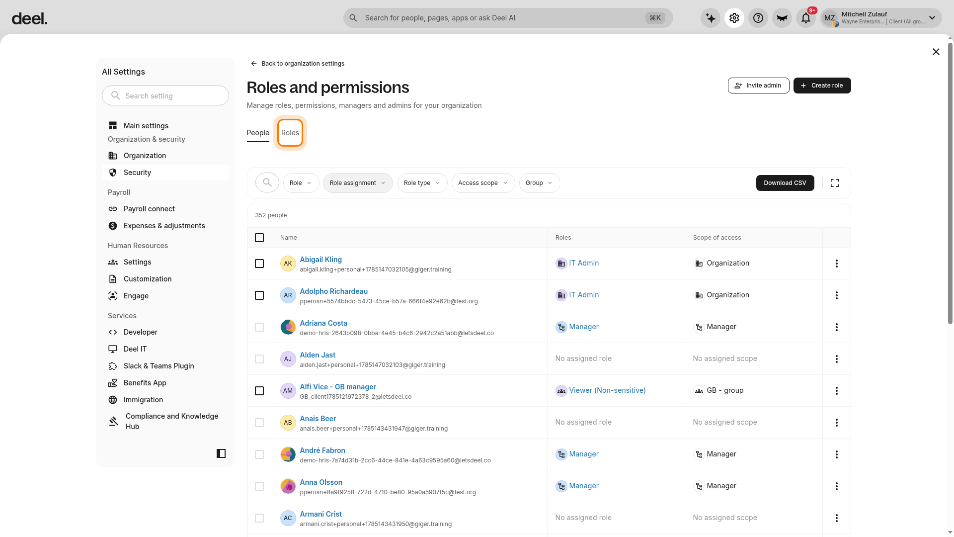 Roles tab on the Roles and permissions page