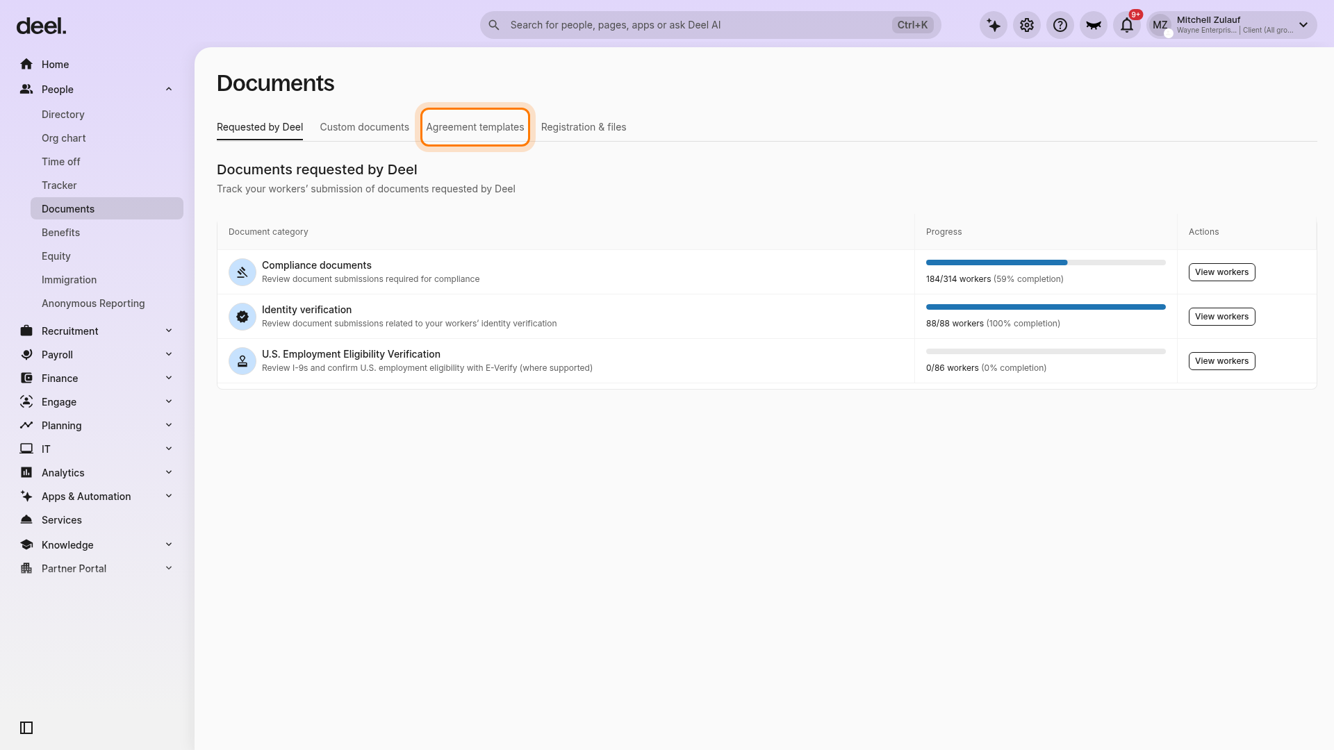 Agreement templates tab