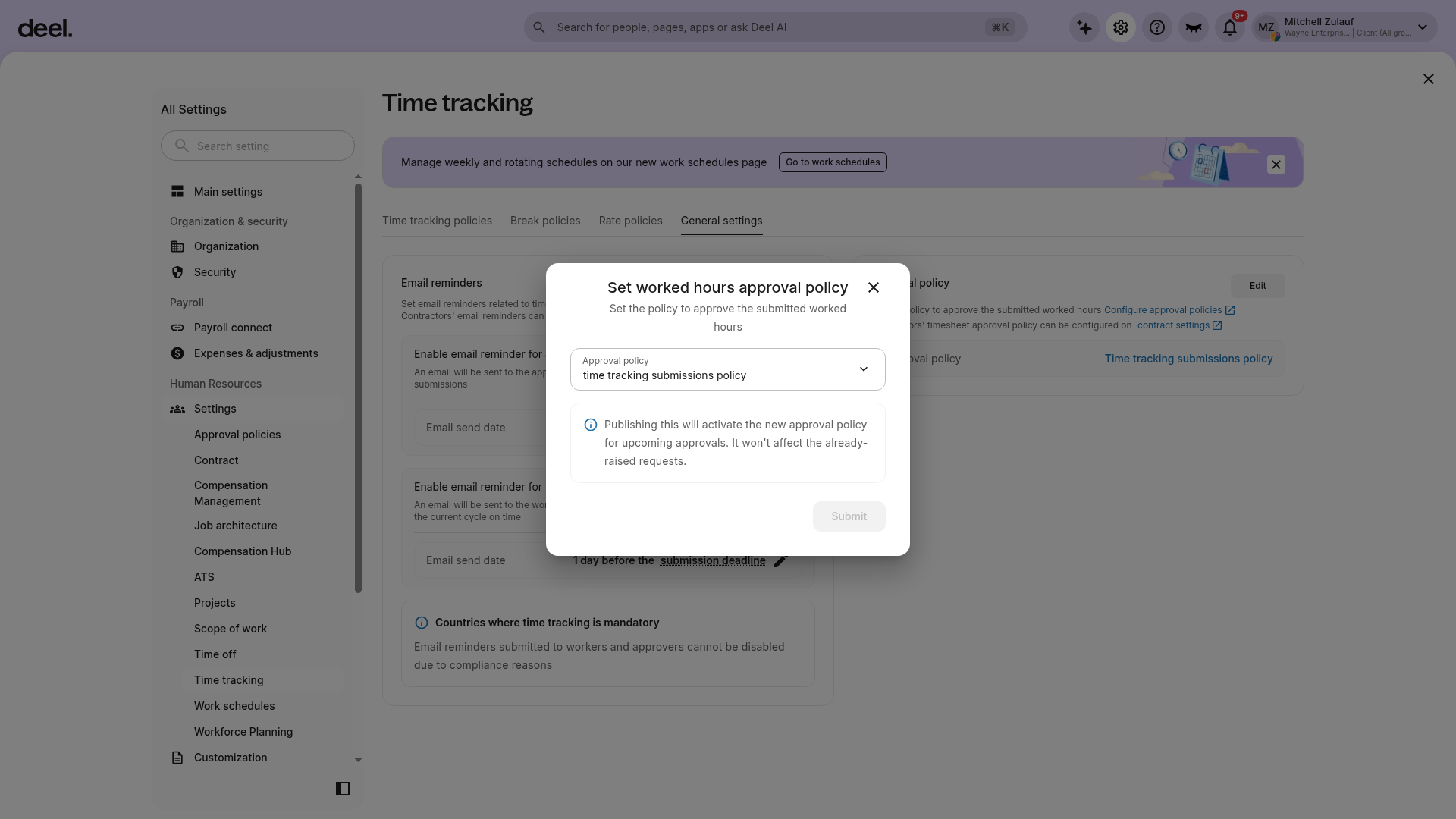 Set worked hours approval policy modal displayed over Time tracking General settings