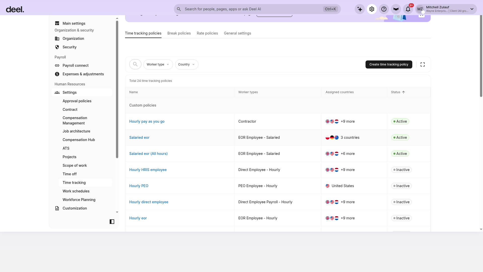 Time tracking page with the Time tracking policies tab selected