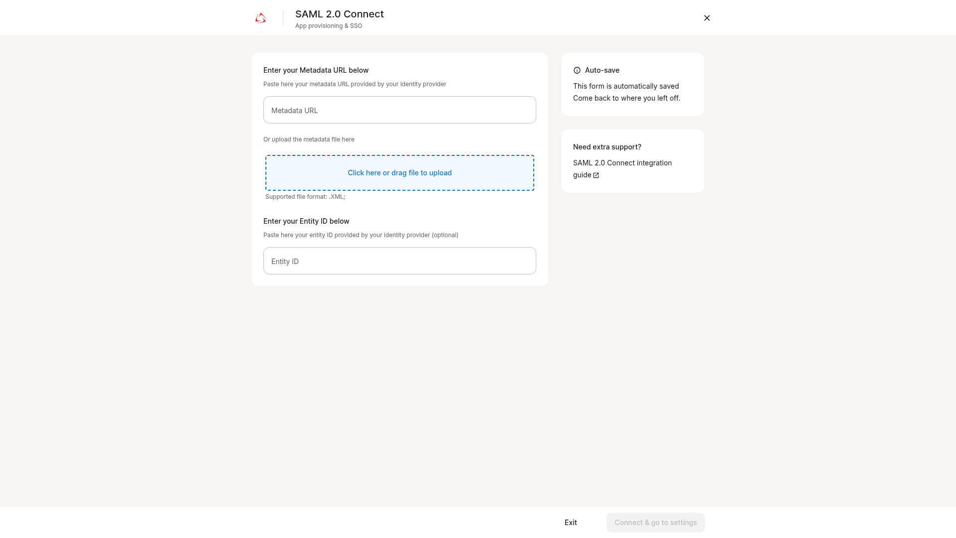 SAML 2.0 Connect setup form