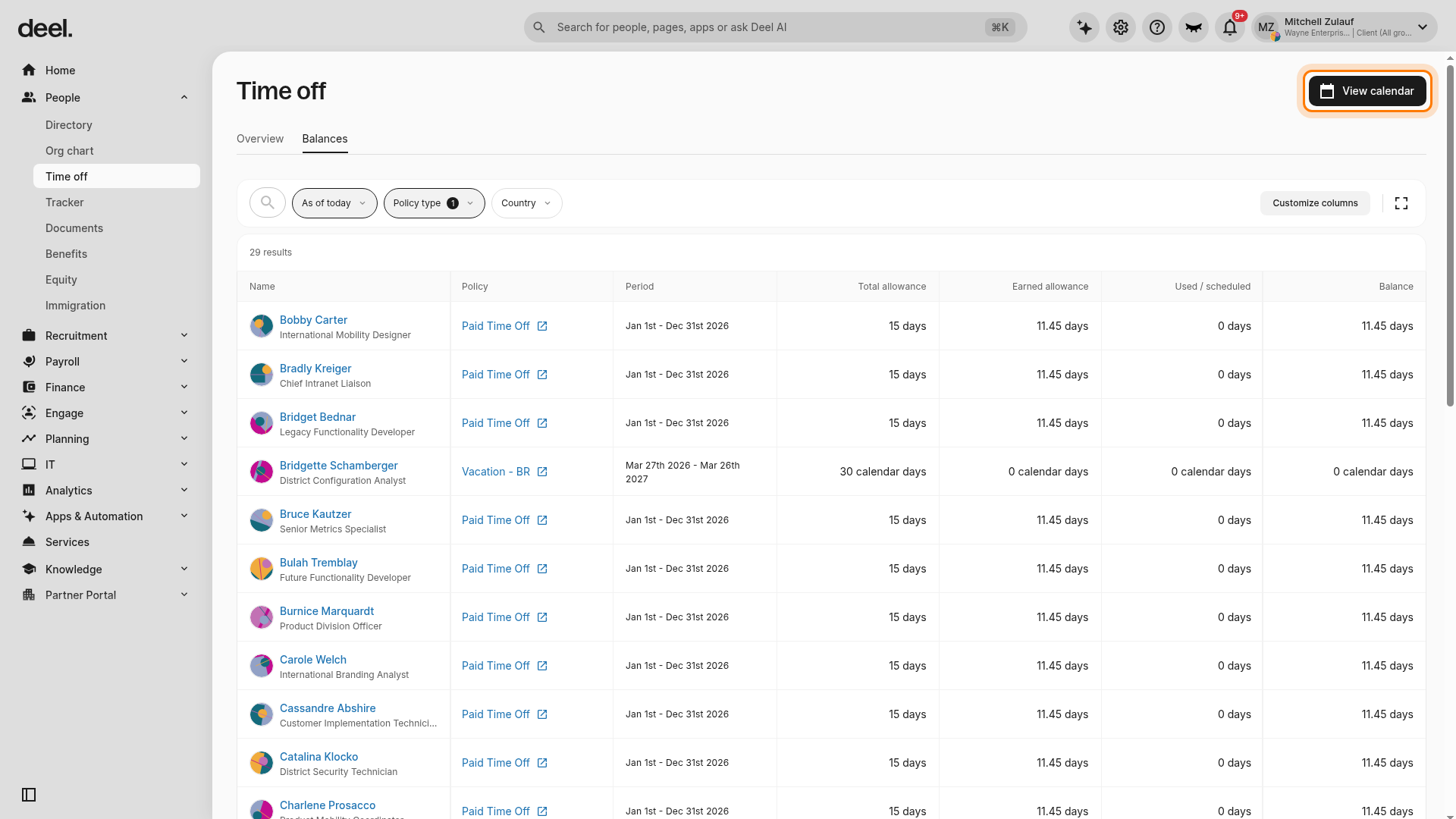 View calendar option from Balances