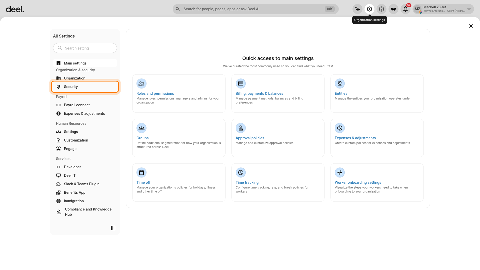 Security section in the Organization settings navigation