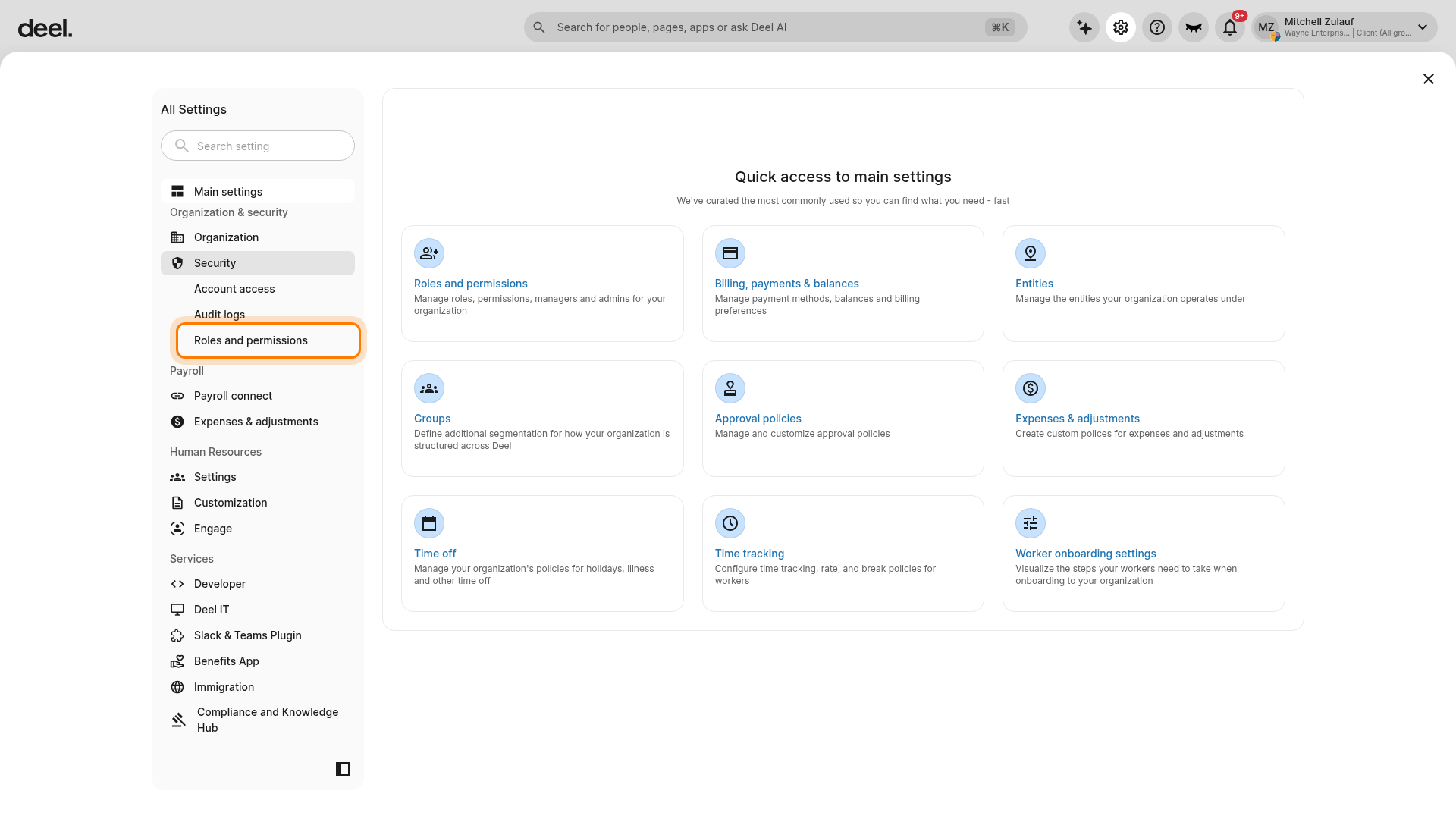Roles and permissions option under Security