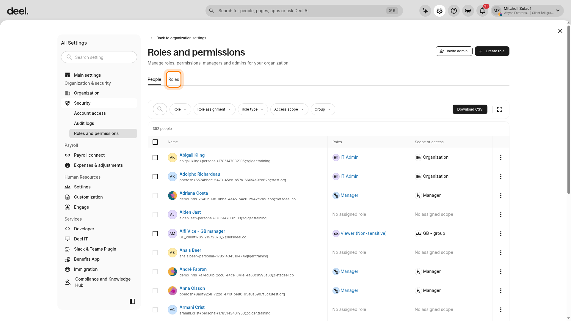 Roles tab in Roles and permissions