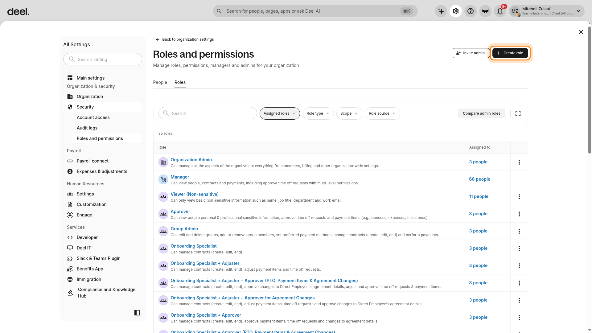 Create role button in the Roles tab