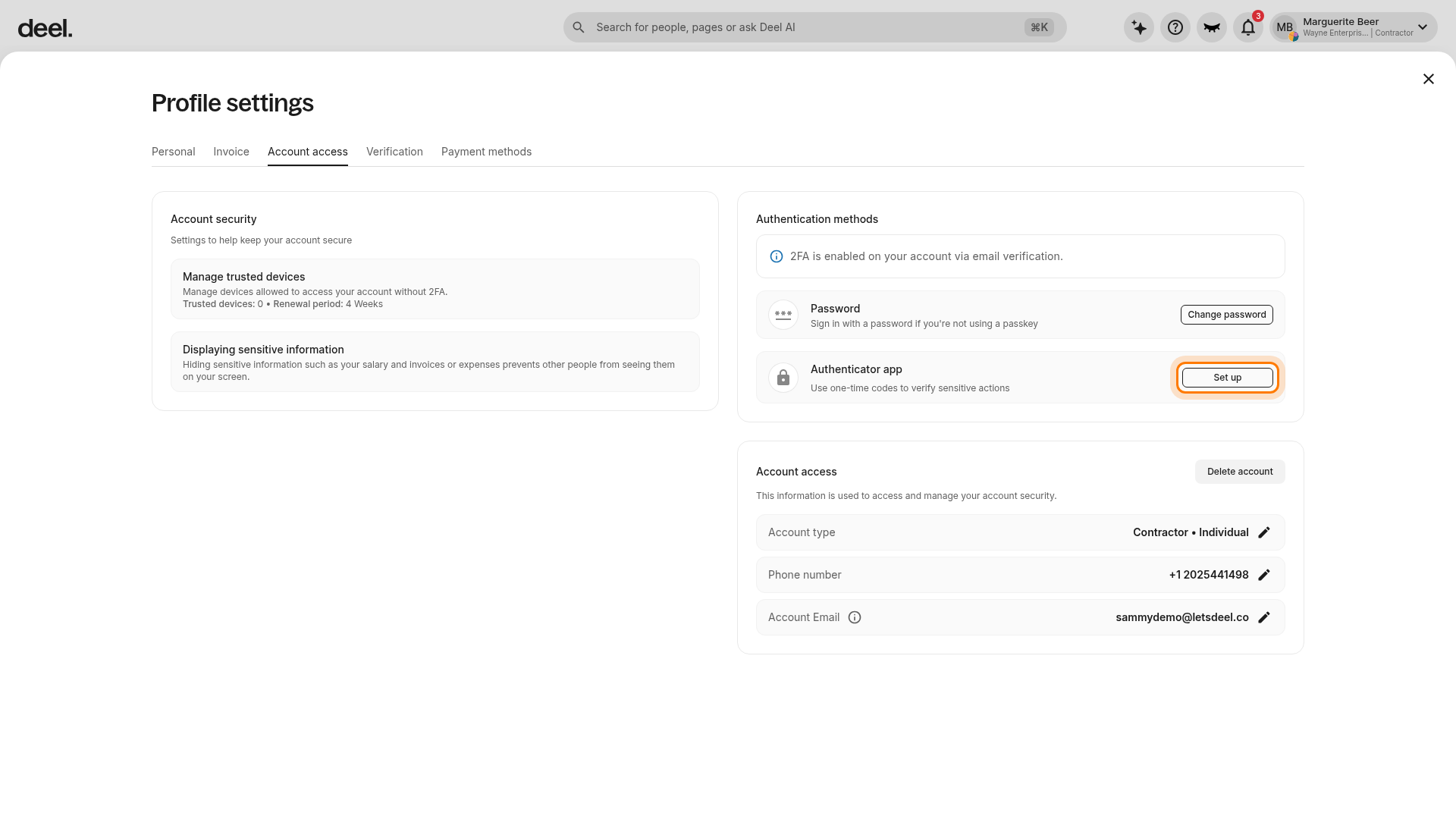 Authenticator app setup option