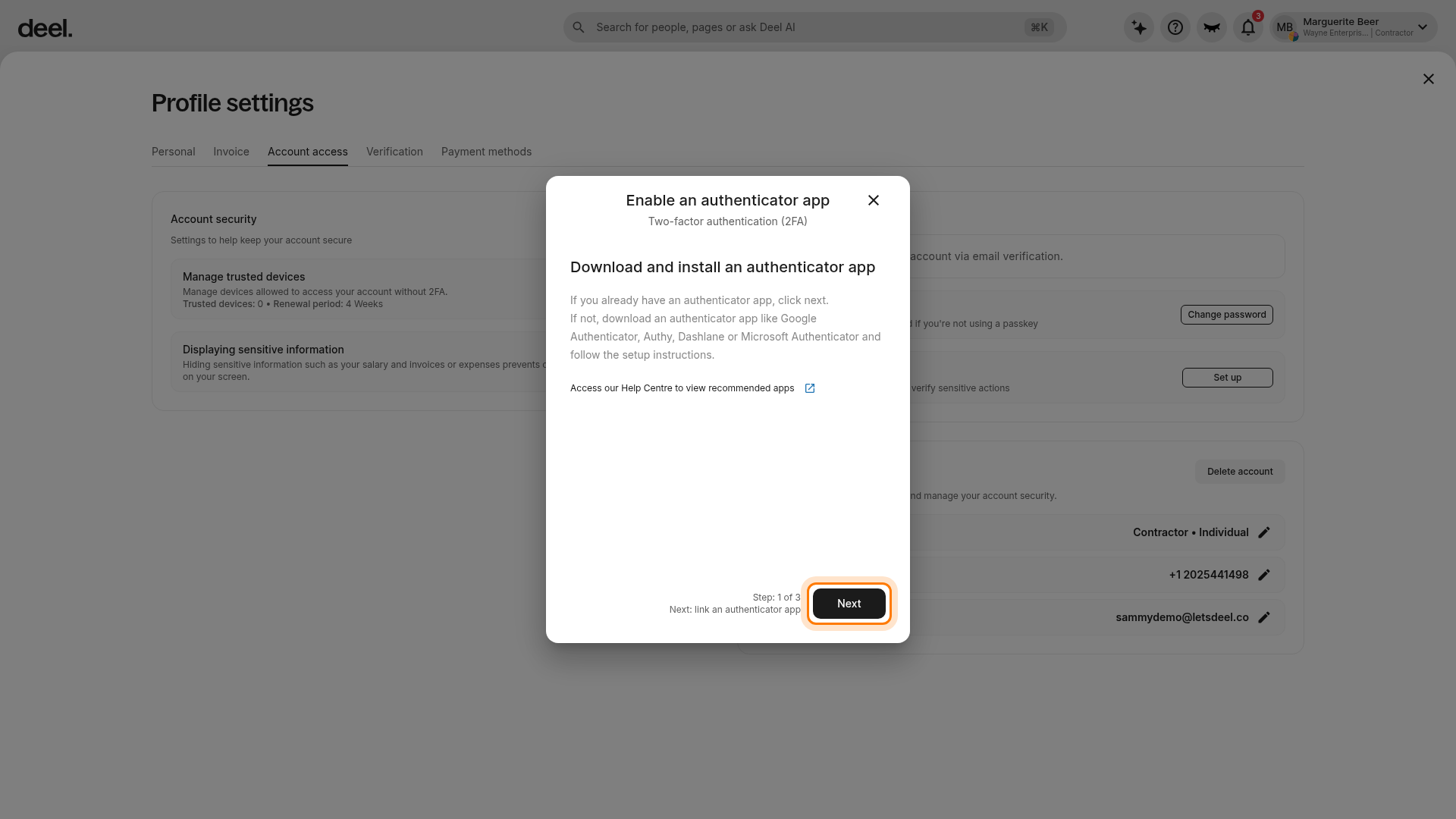 Enable an authenticator app dialog