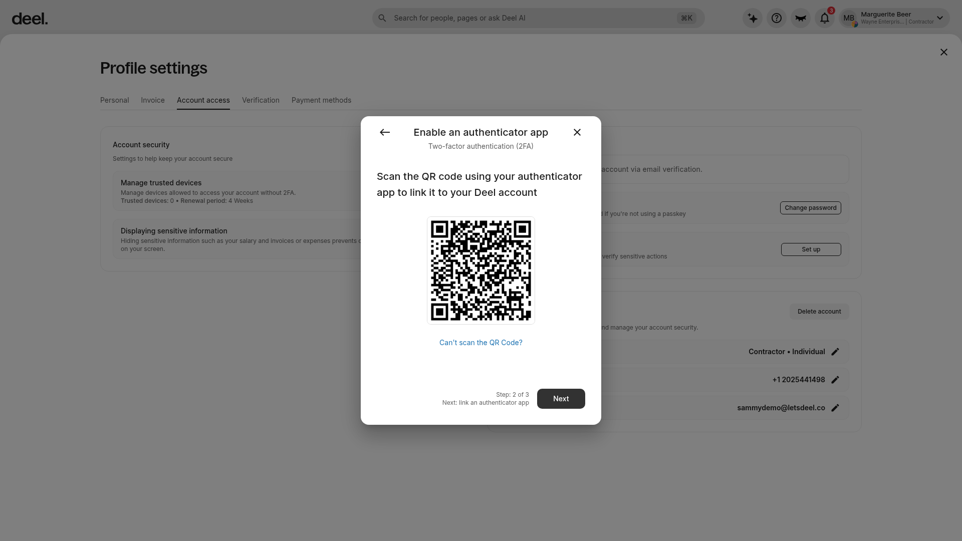 QR code and authenticator app setup