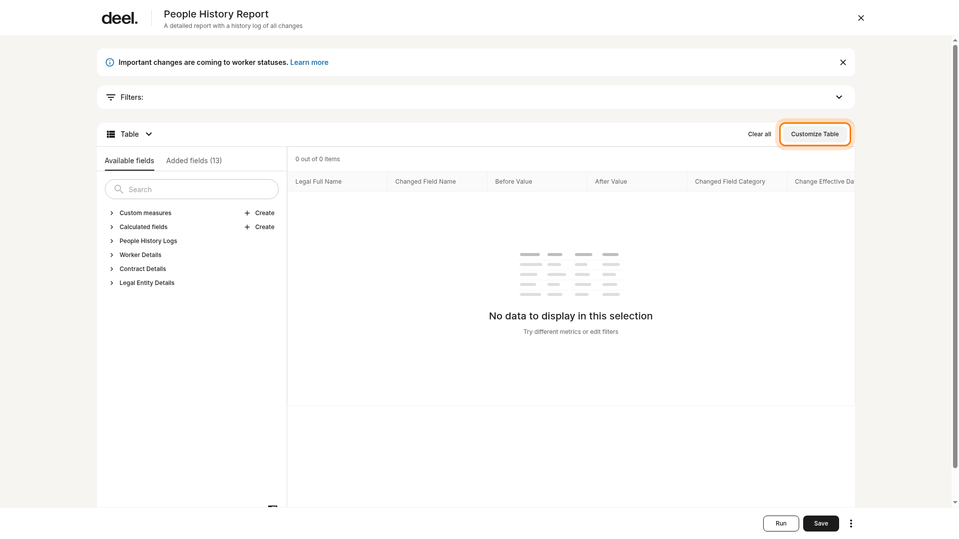 Customize Table button