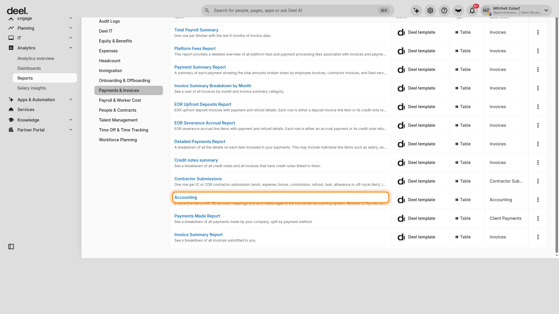 Payments and Invoices report category