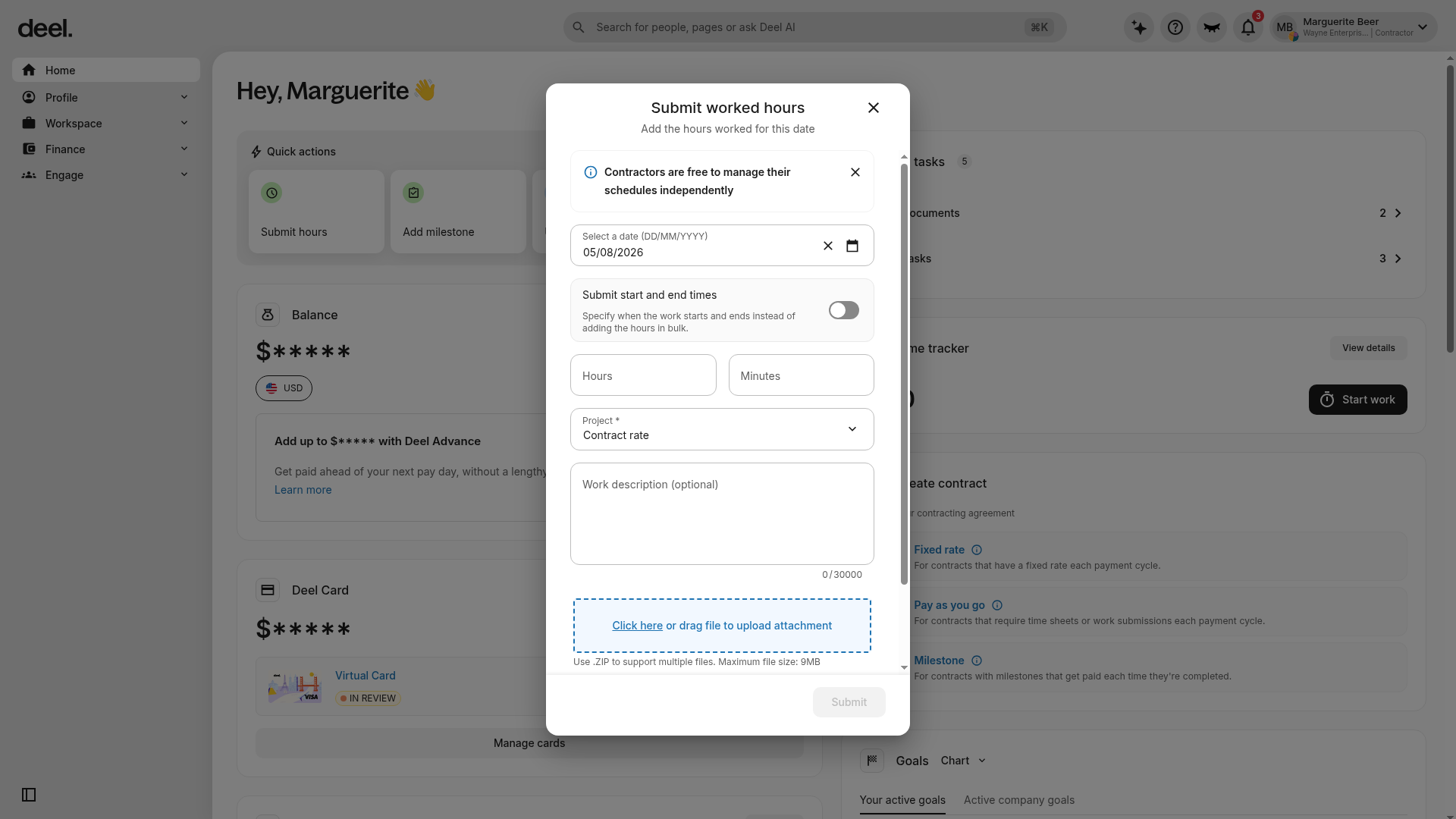 Submit worked hours window