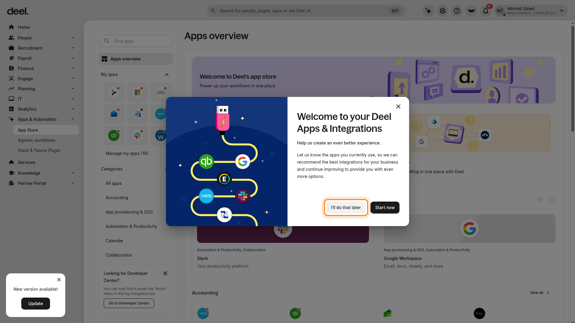 Welcome to Deel Apps and Integrations dialog