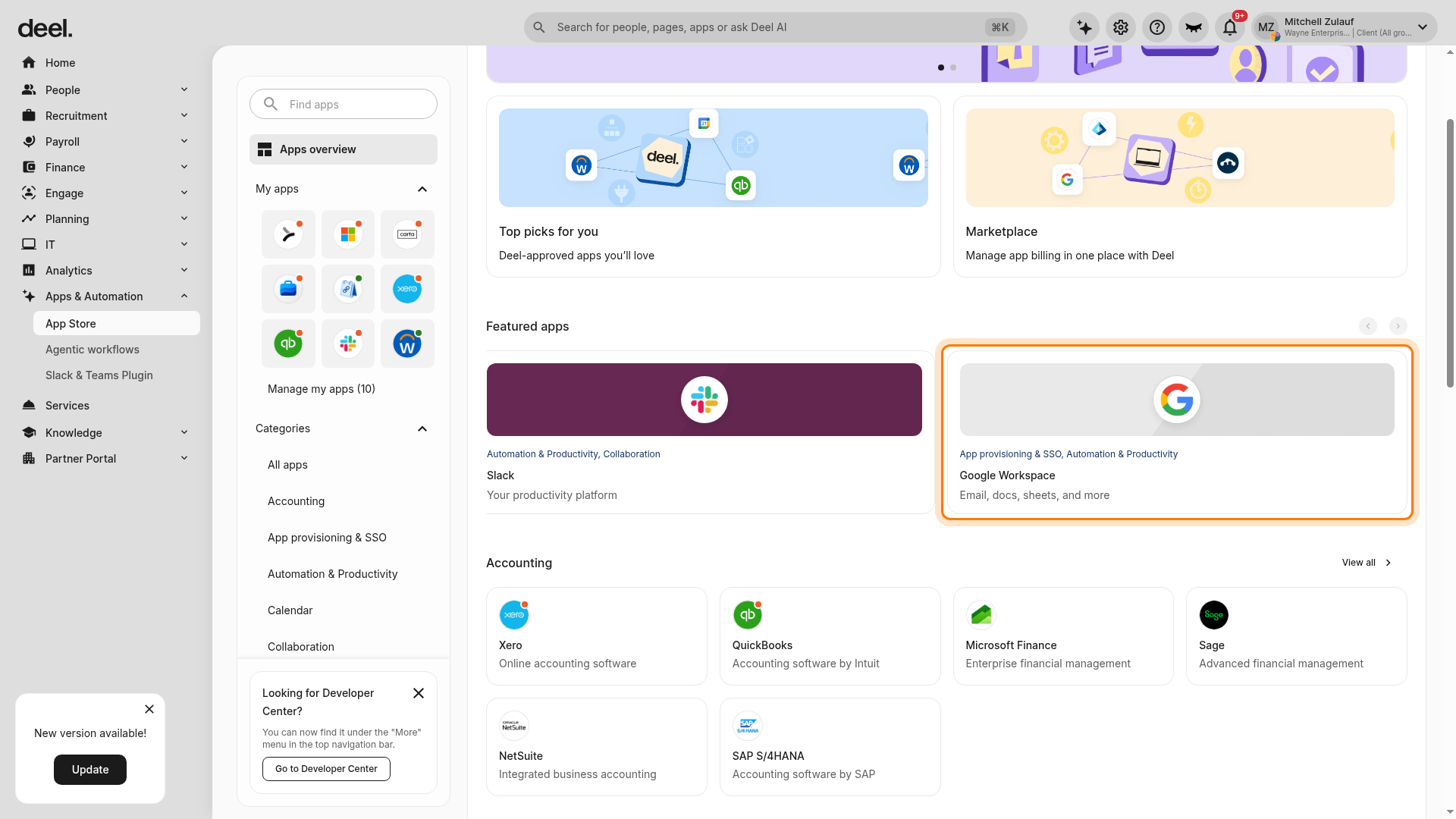 Google Workspace card in Featured apps