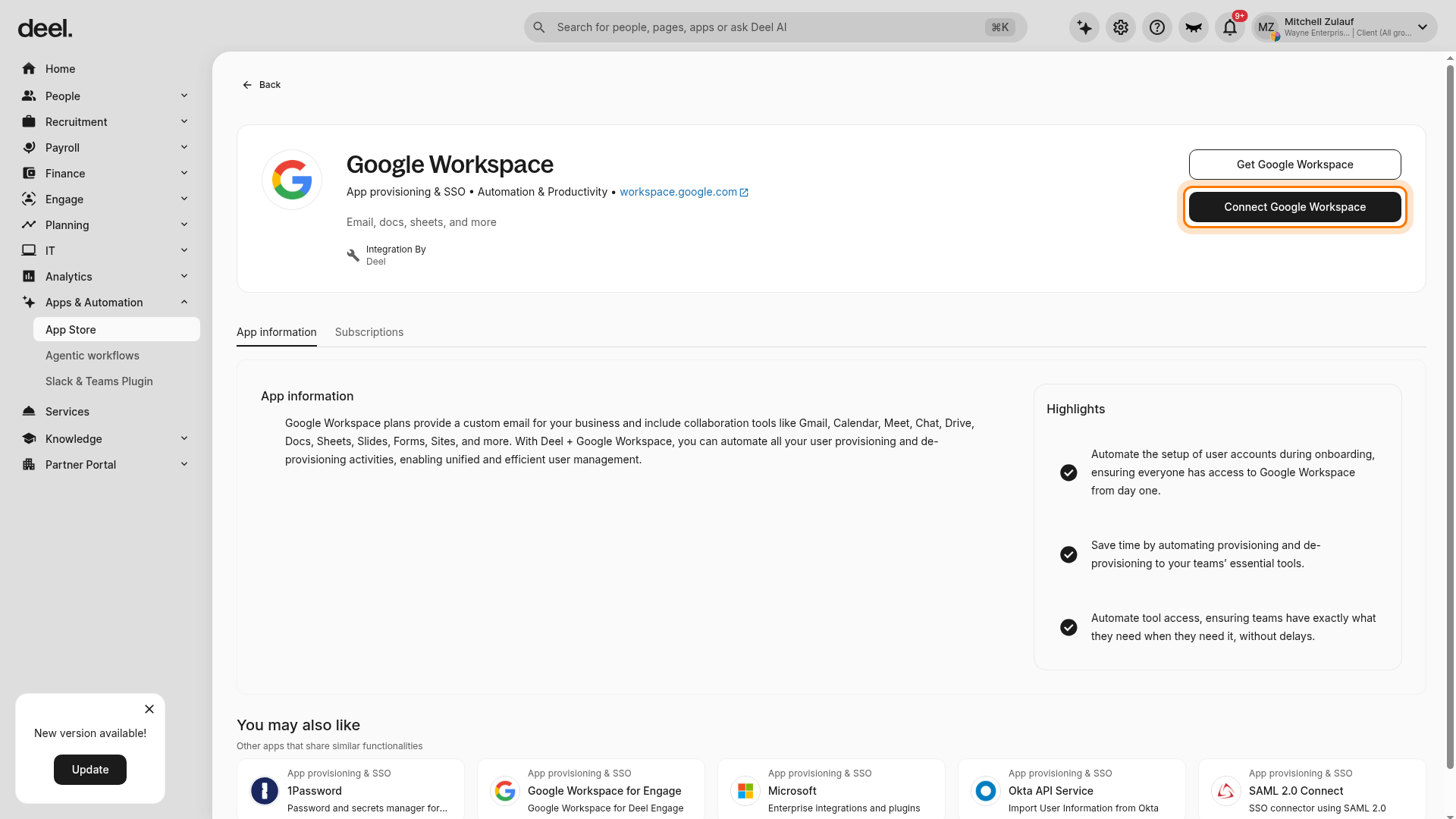 Connect Google Workspace button