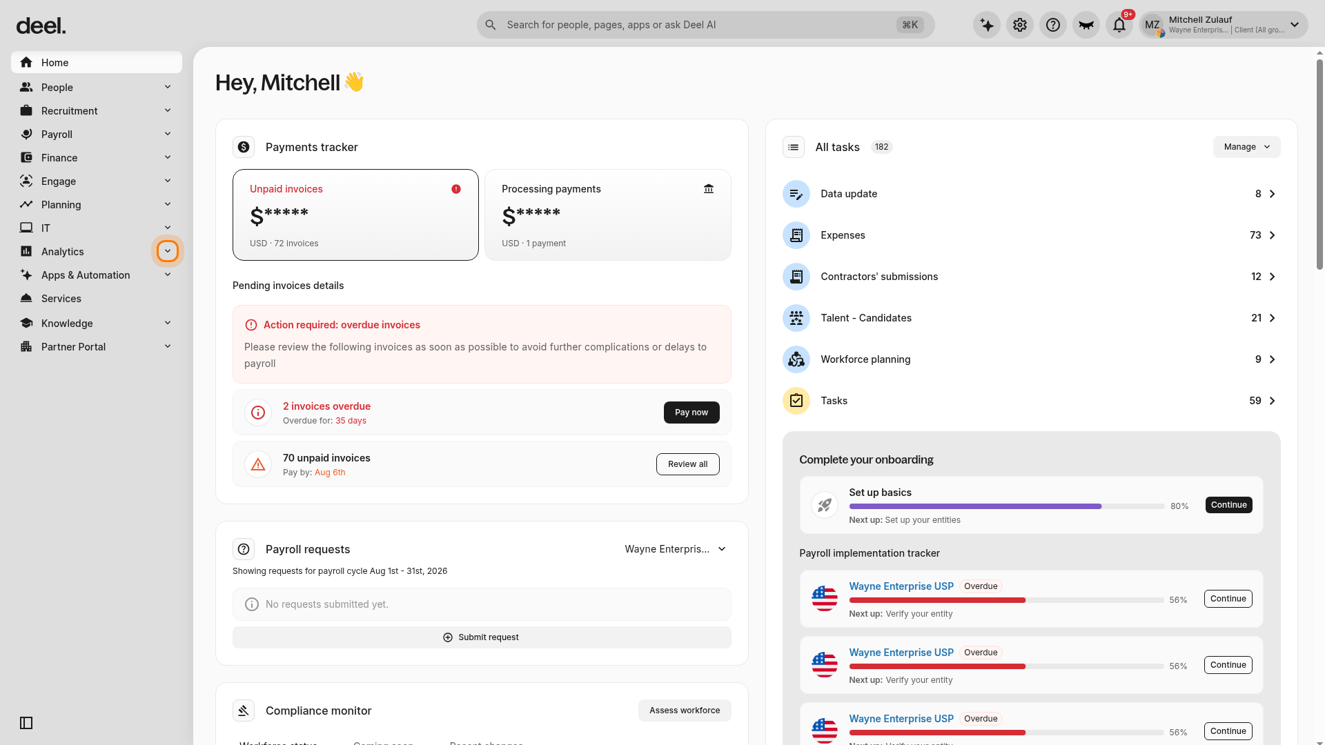 The Analytics section expanded in the left navigation sidebar