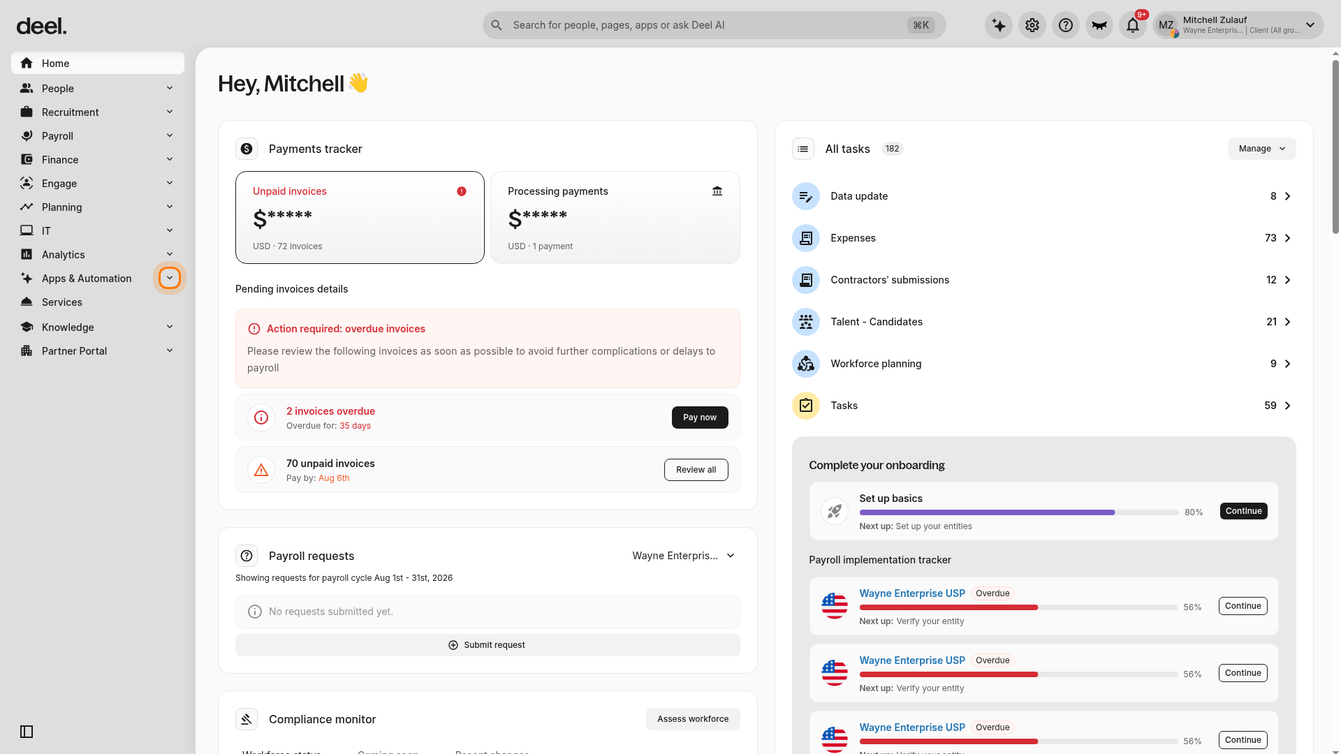 Apps and Automation expanded in the Deel left sidebar