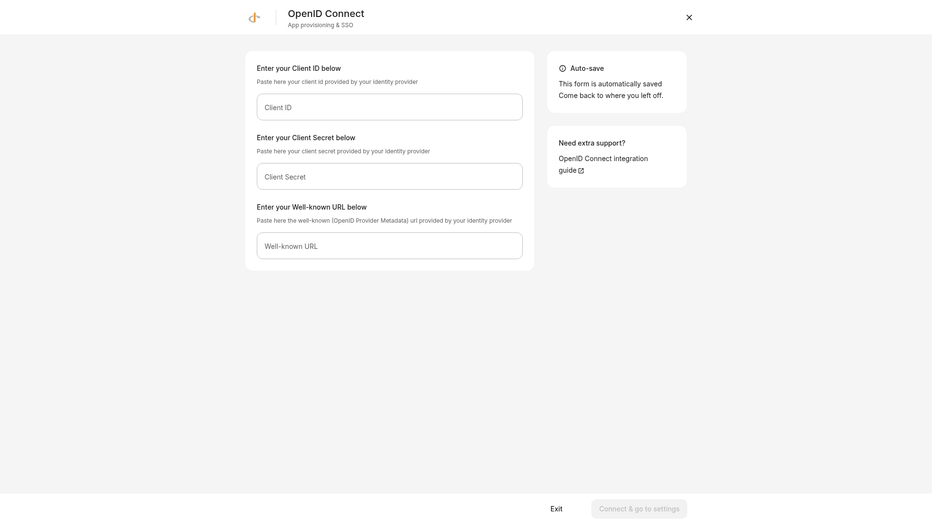 OpenID Connect integration setup screen with configuration fields