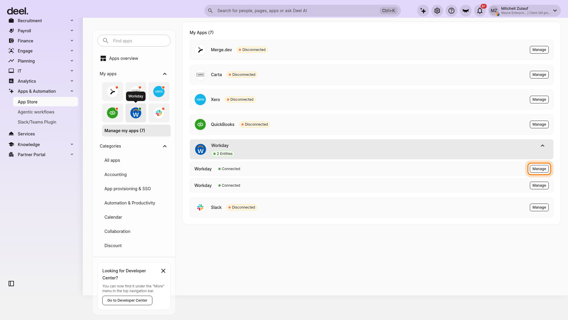 Manage highlighted beside a connected Workday entity