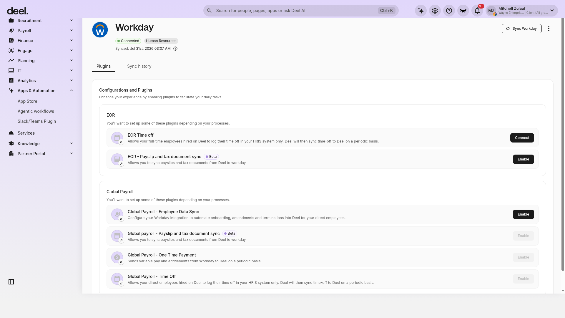 Workday integration page showing a connected entity and the Plugins tab