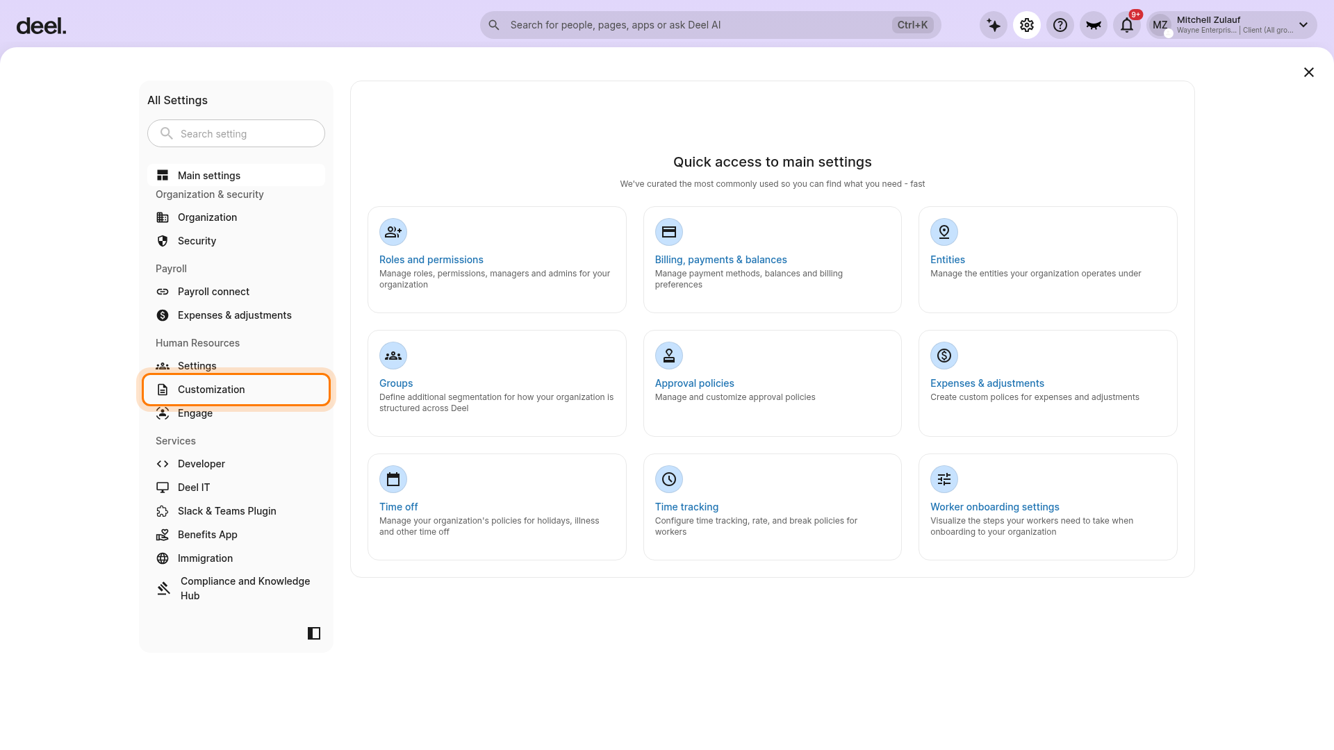 Customization in the settings navigation