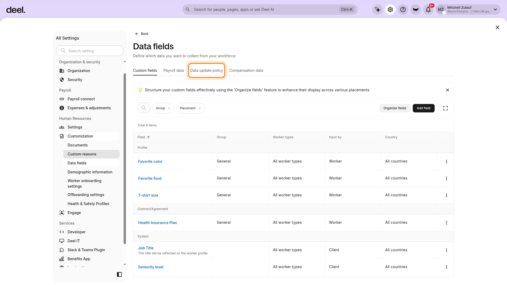 Data update policy tab