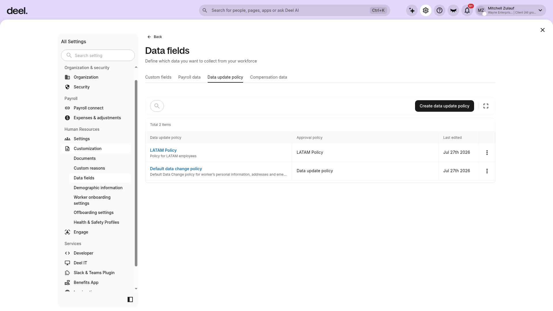 Data update policy list
