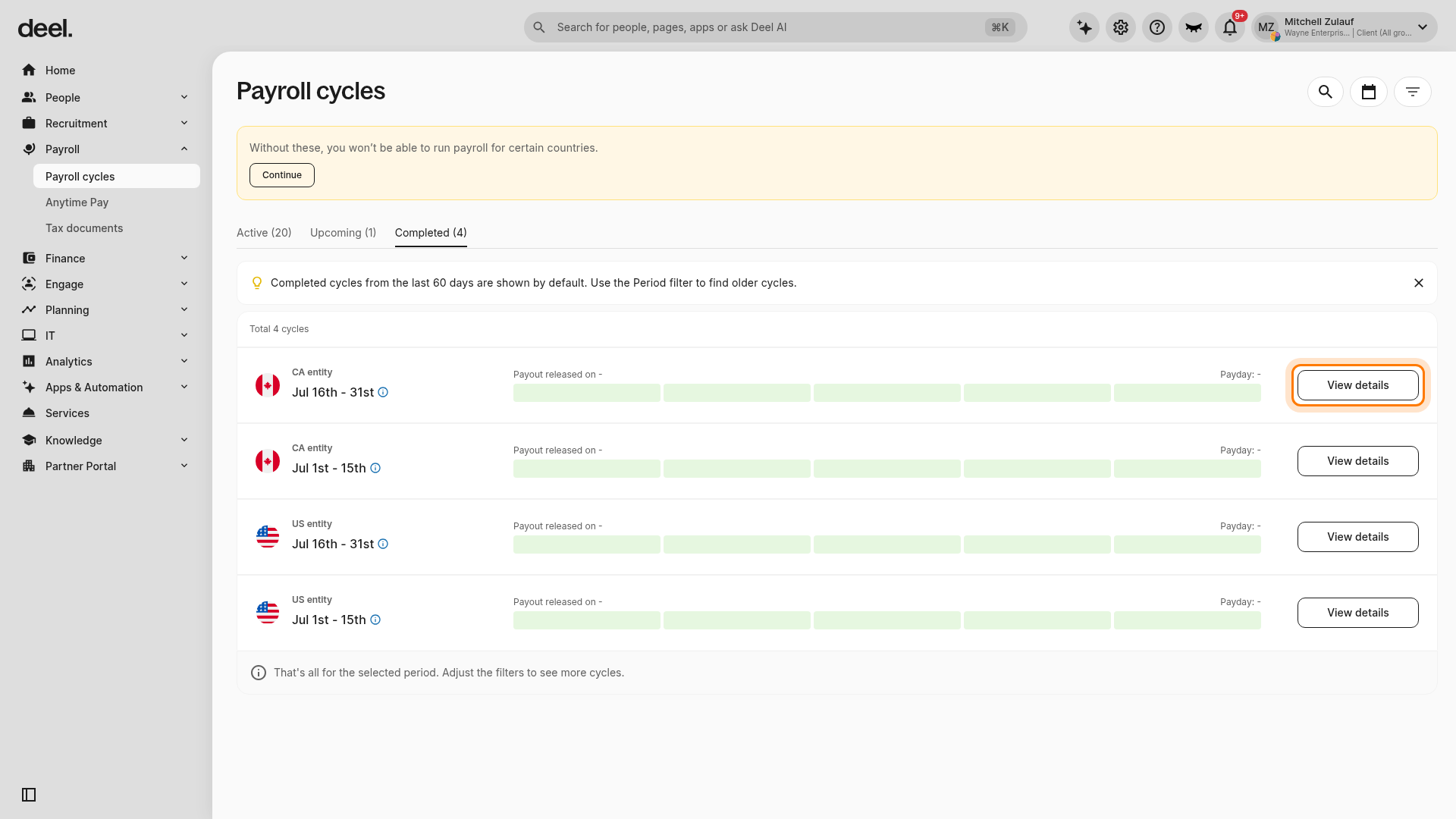 Completed payroll cycles