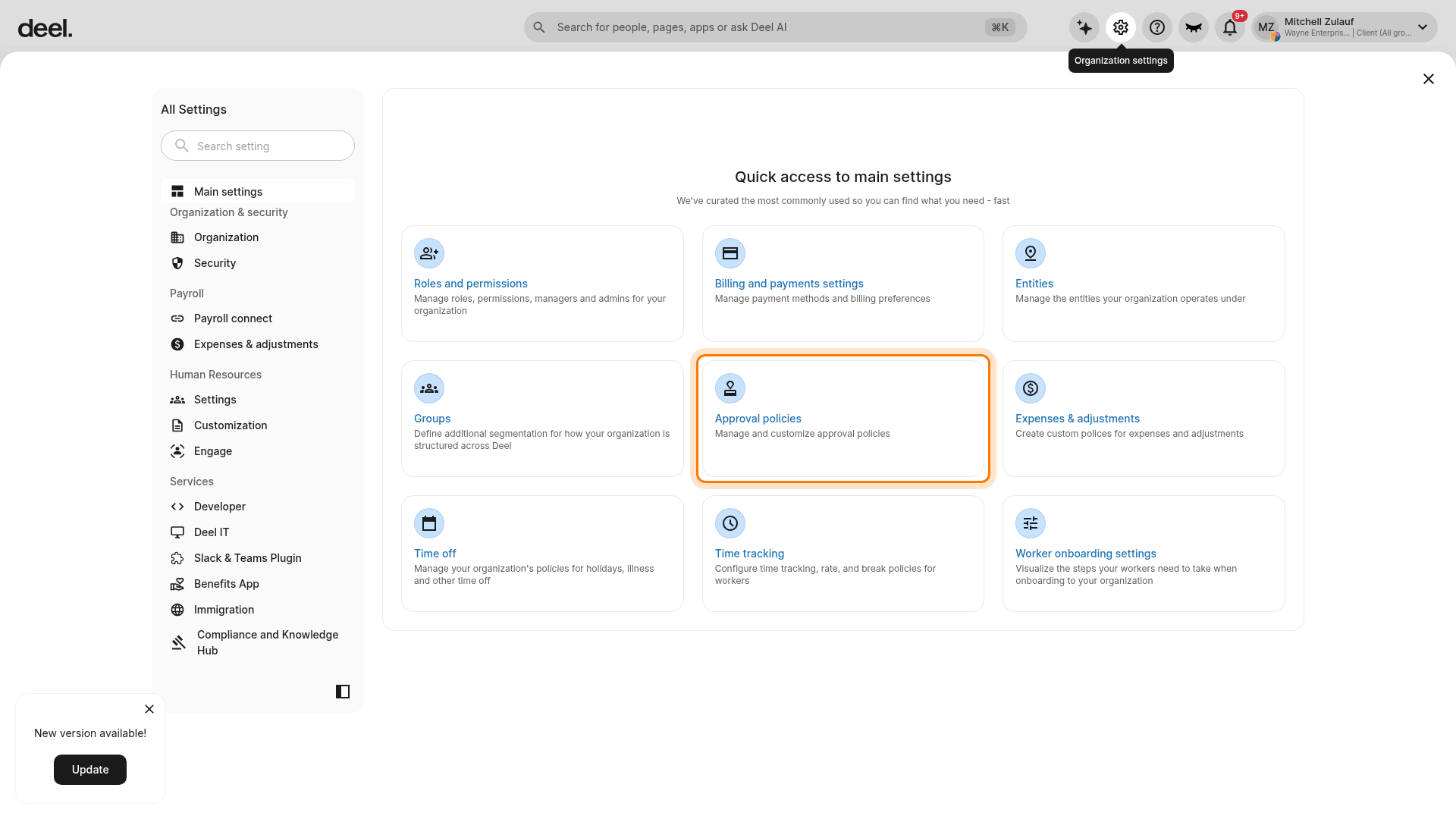 Approval policies in Organization settings