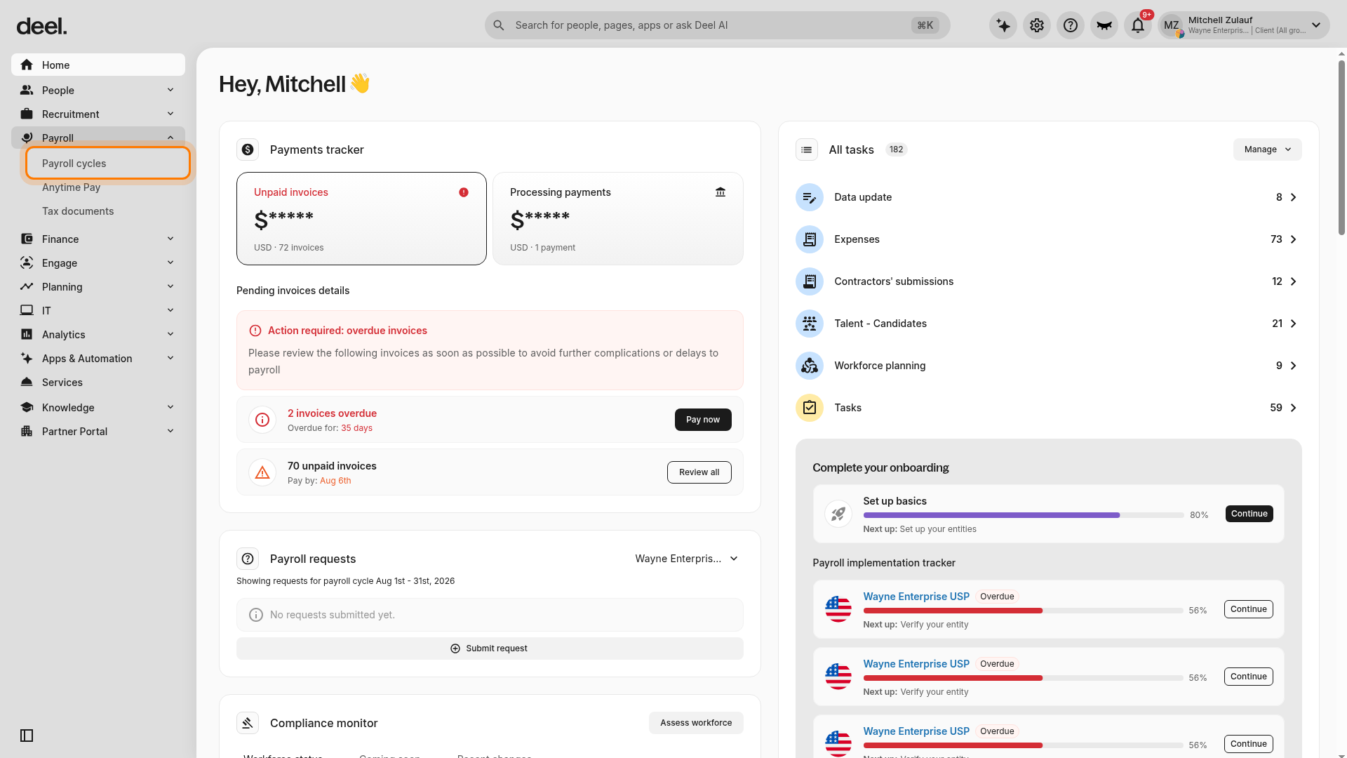 Payroll cycles highlighted under Payroll in the left sidebar
