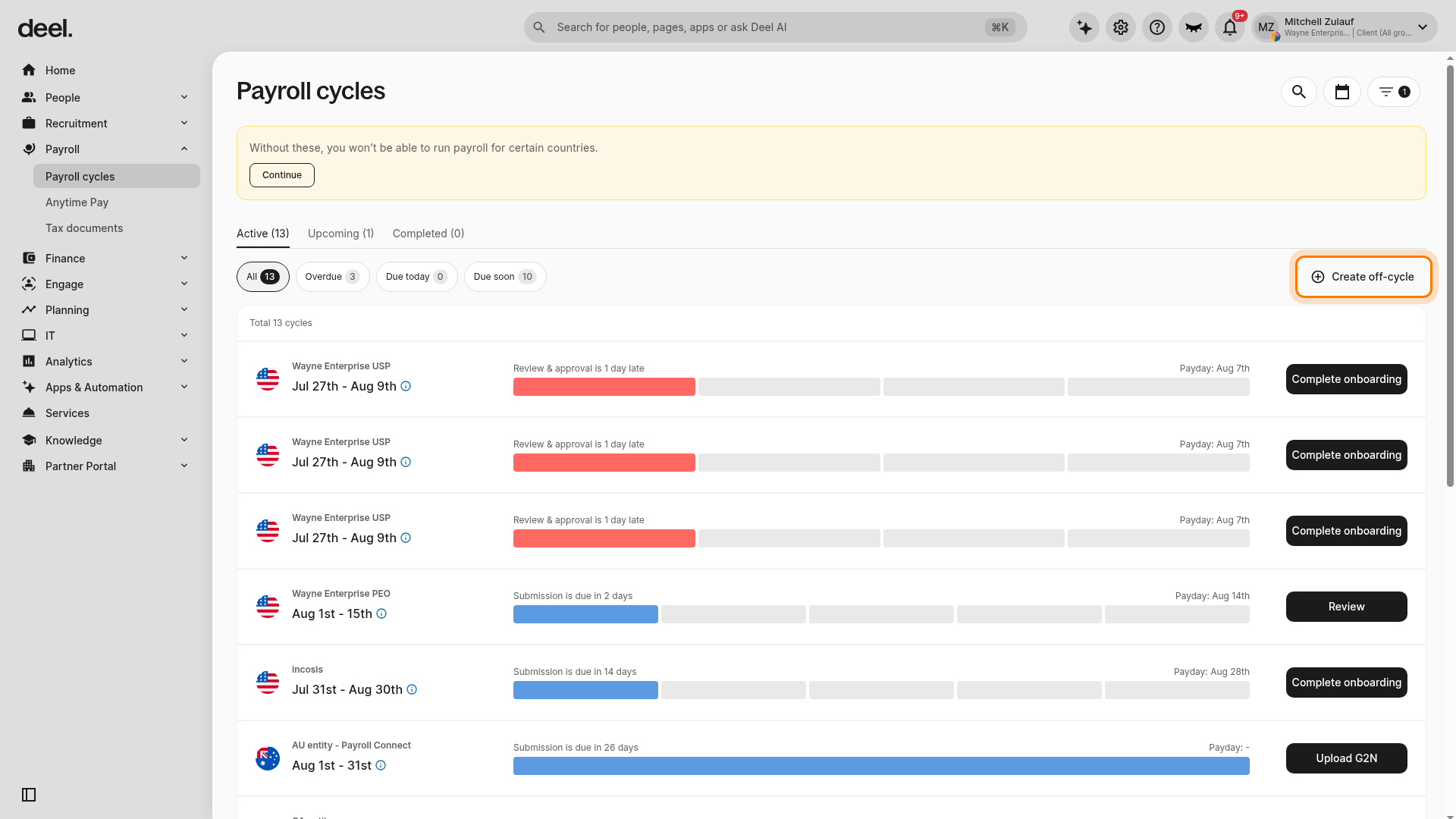 Create off-cycle button highlighted on the Payroll cycles workspace