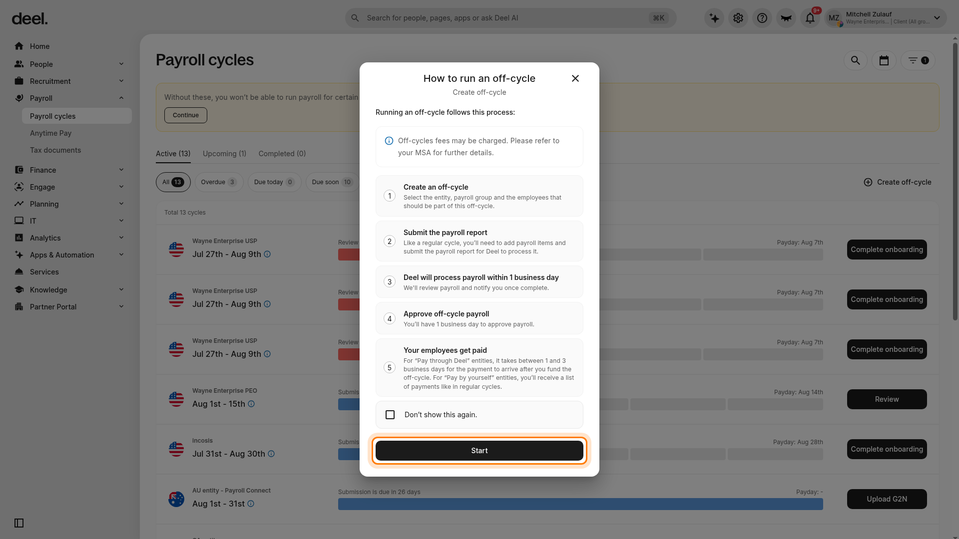 Start button highlighted in the off-cycle modal