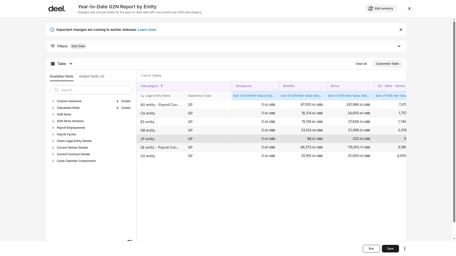 G2N report editor with fields and table controls
