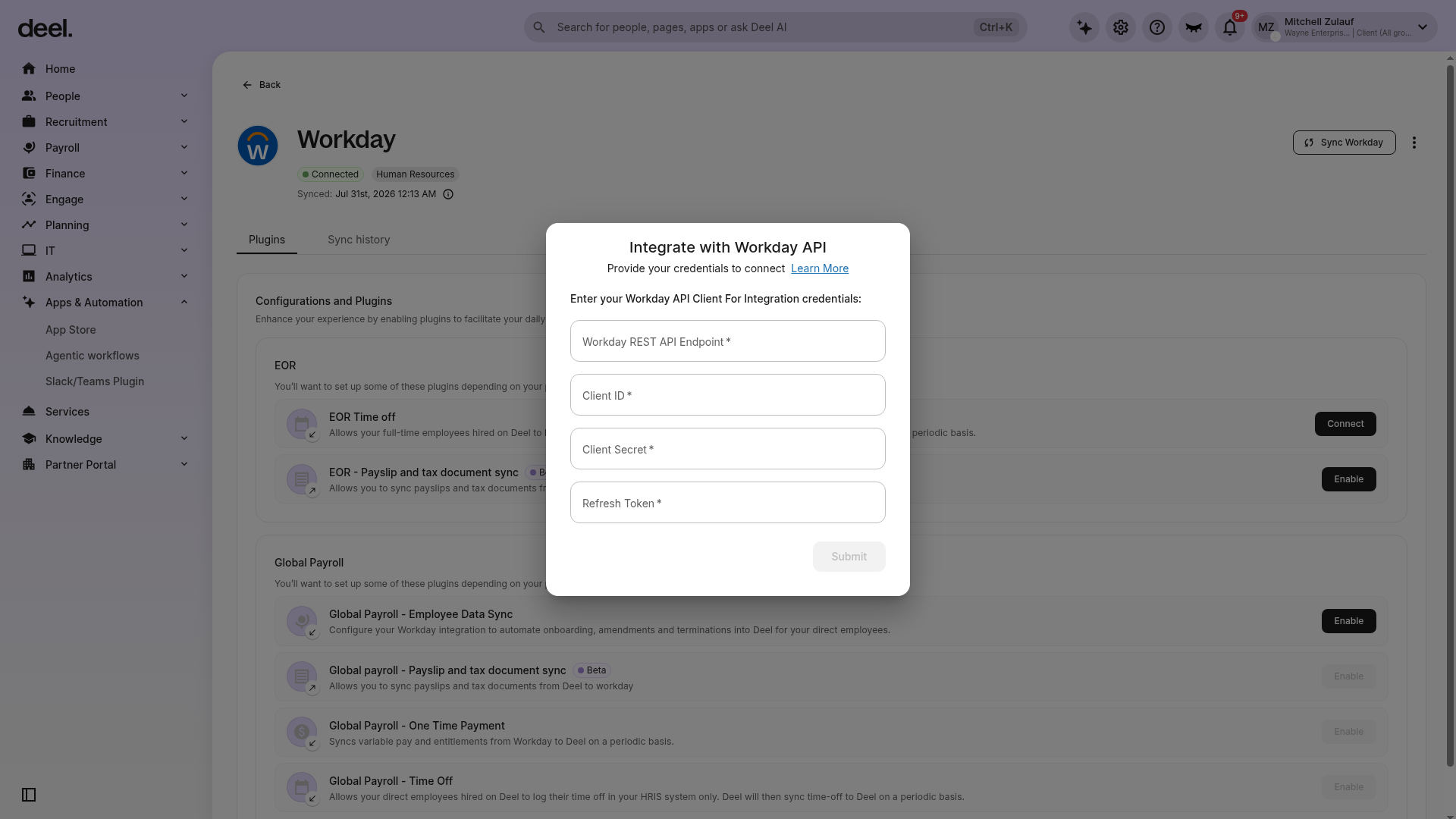 Modal dialog requesting Workday API credentials