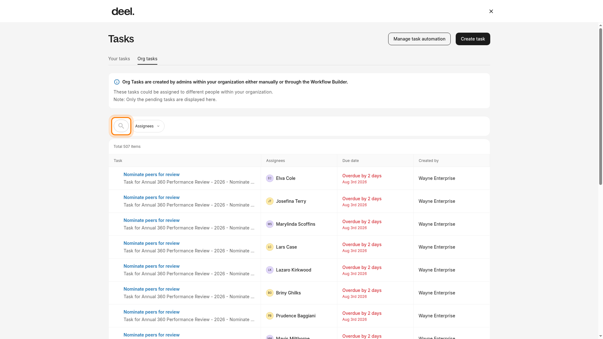 Org tasks tab and Assignees filter