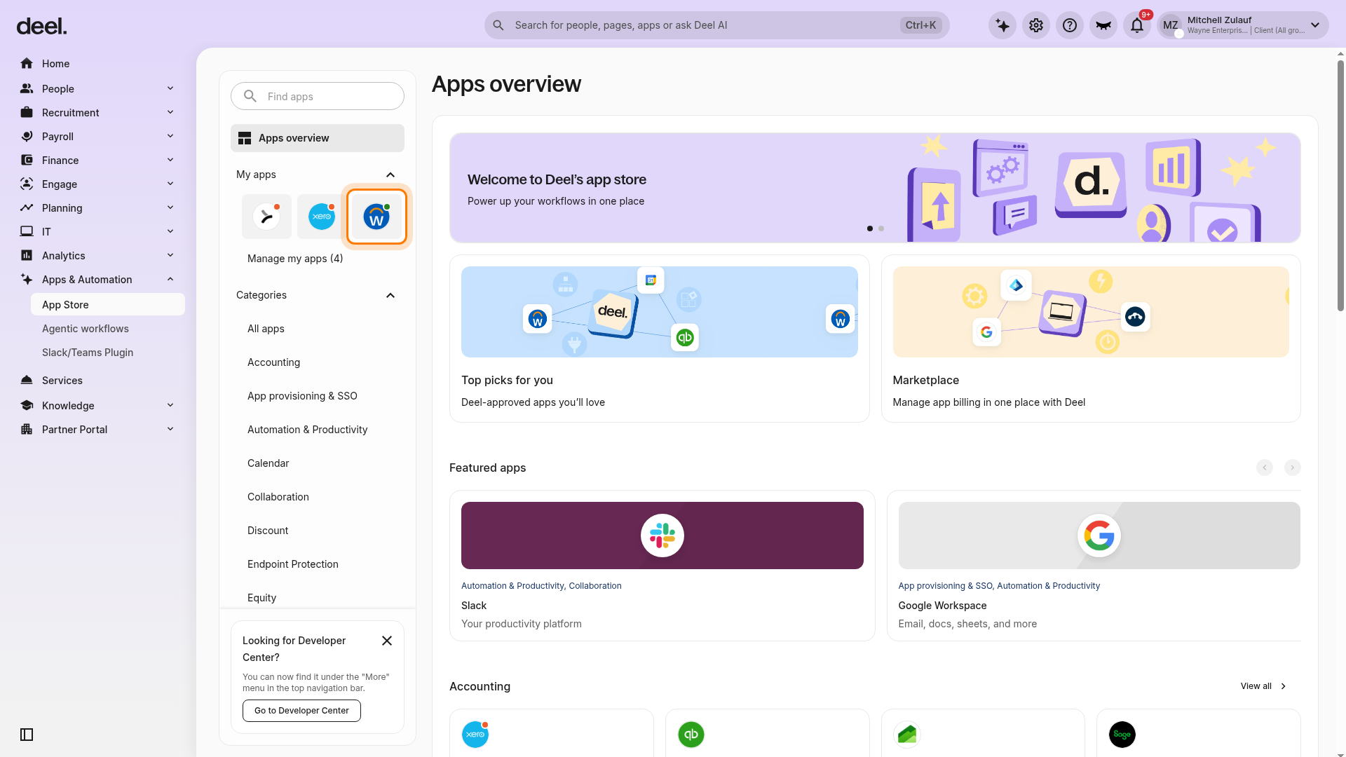 Apps overview page with the Workday app highlighted in the My apps section