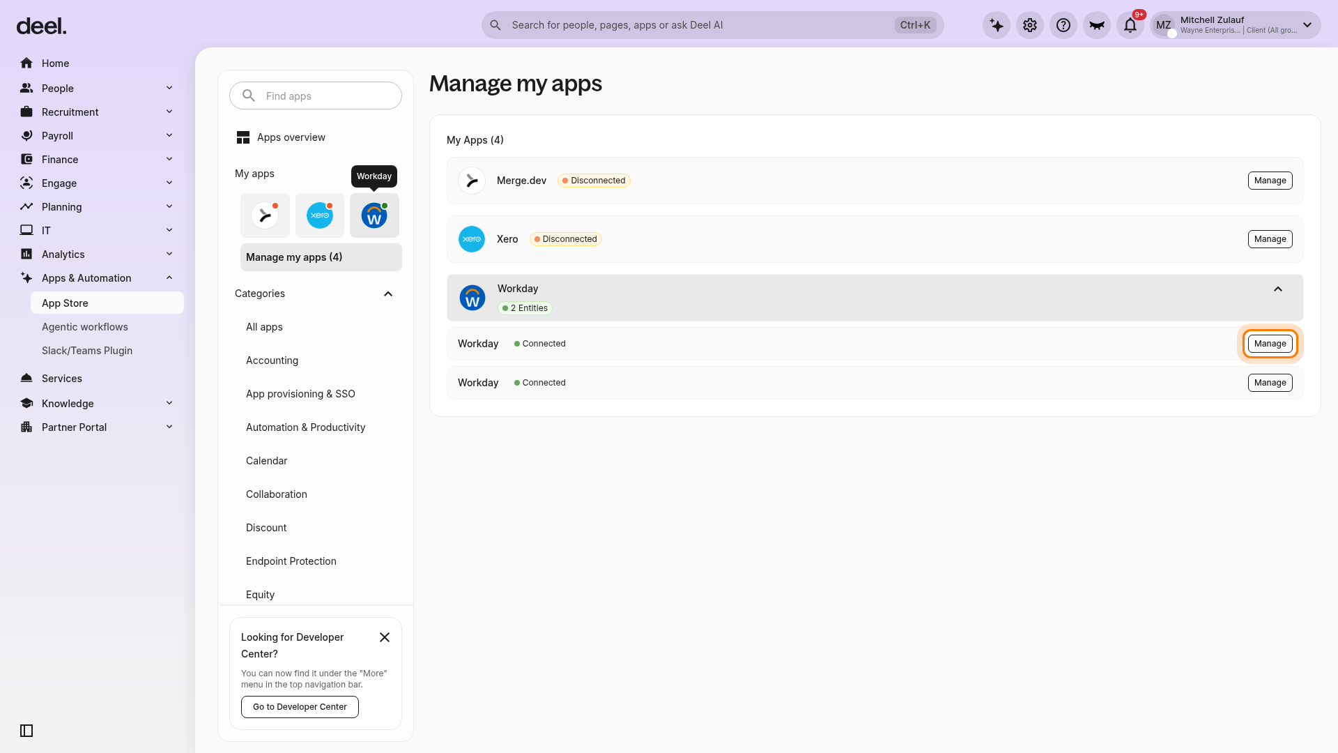 Connected Workday integration entry with Manage selected
