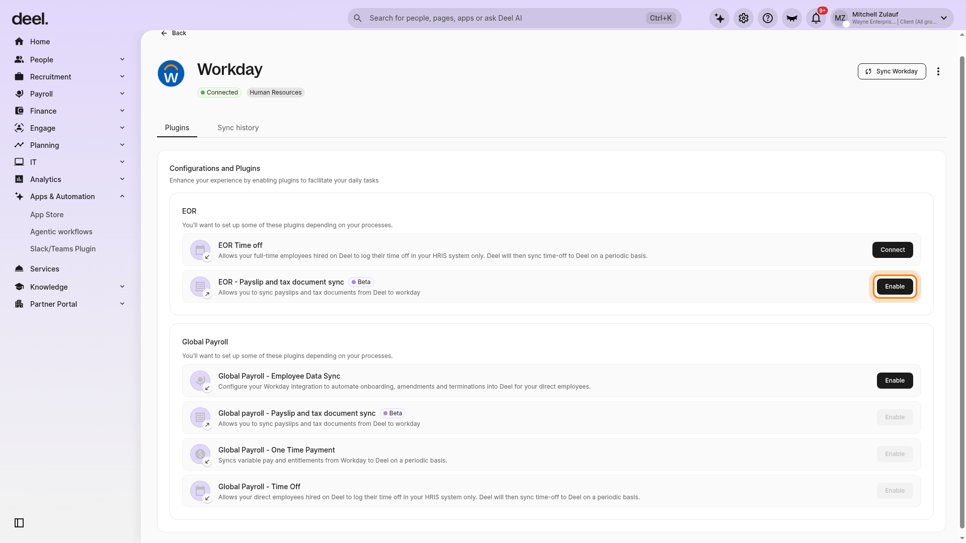 Workday Plugins tab showing EOR - Payslip and tax document sync