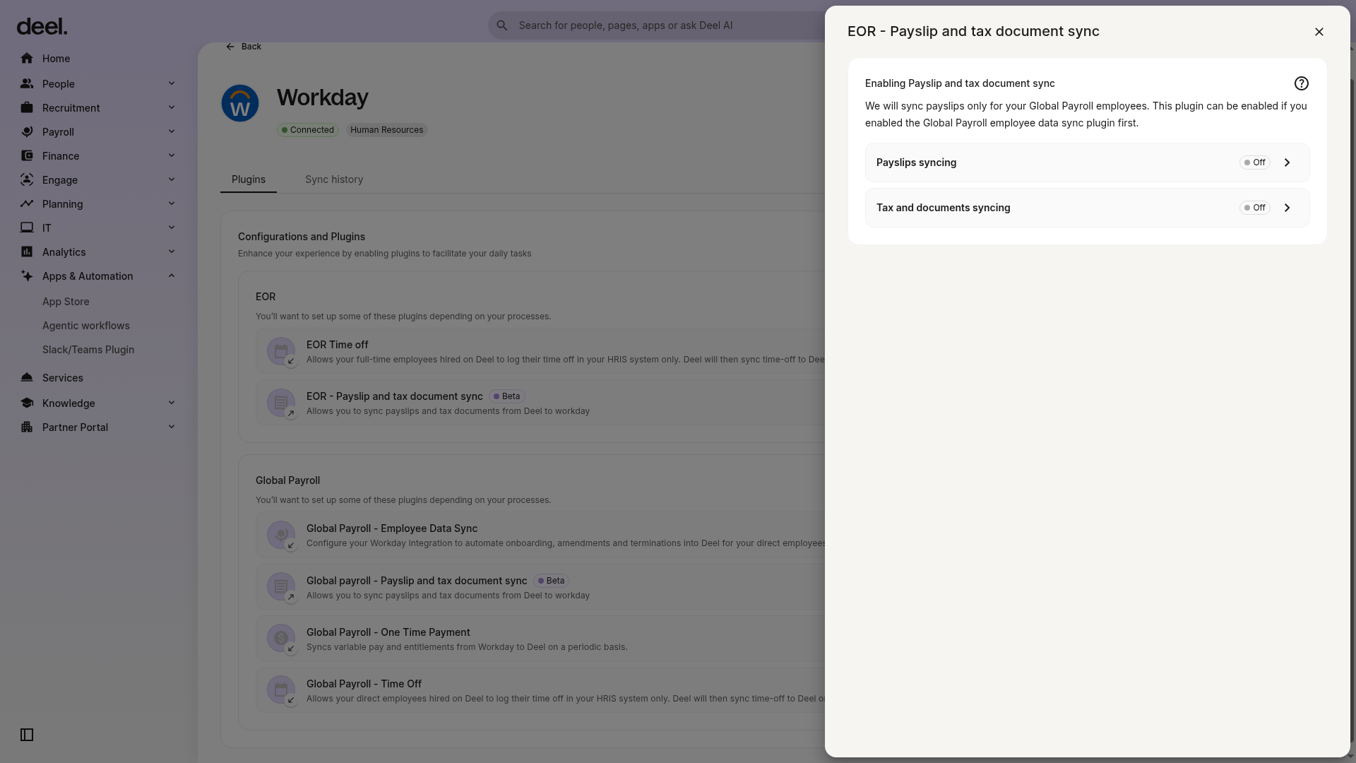 EOR plugin configuration drawer showing the Global Payroll employee data sync prerequisite