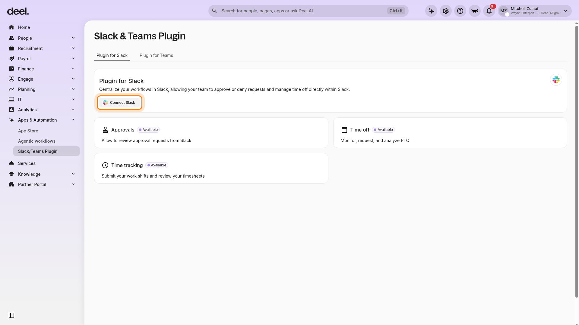 Connect Slack on the Slack & Teams Plugin page