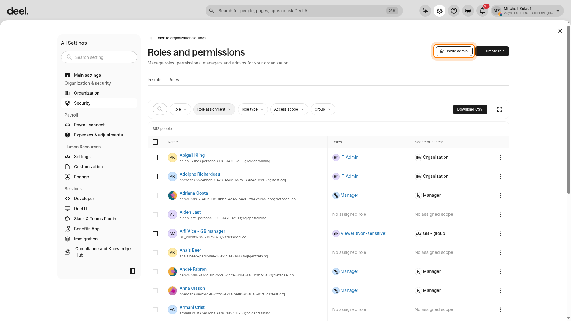 Invite admin button
