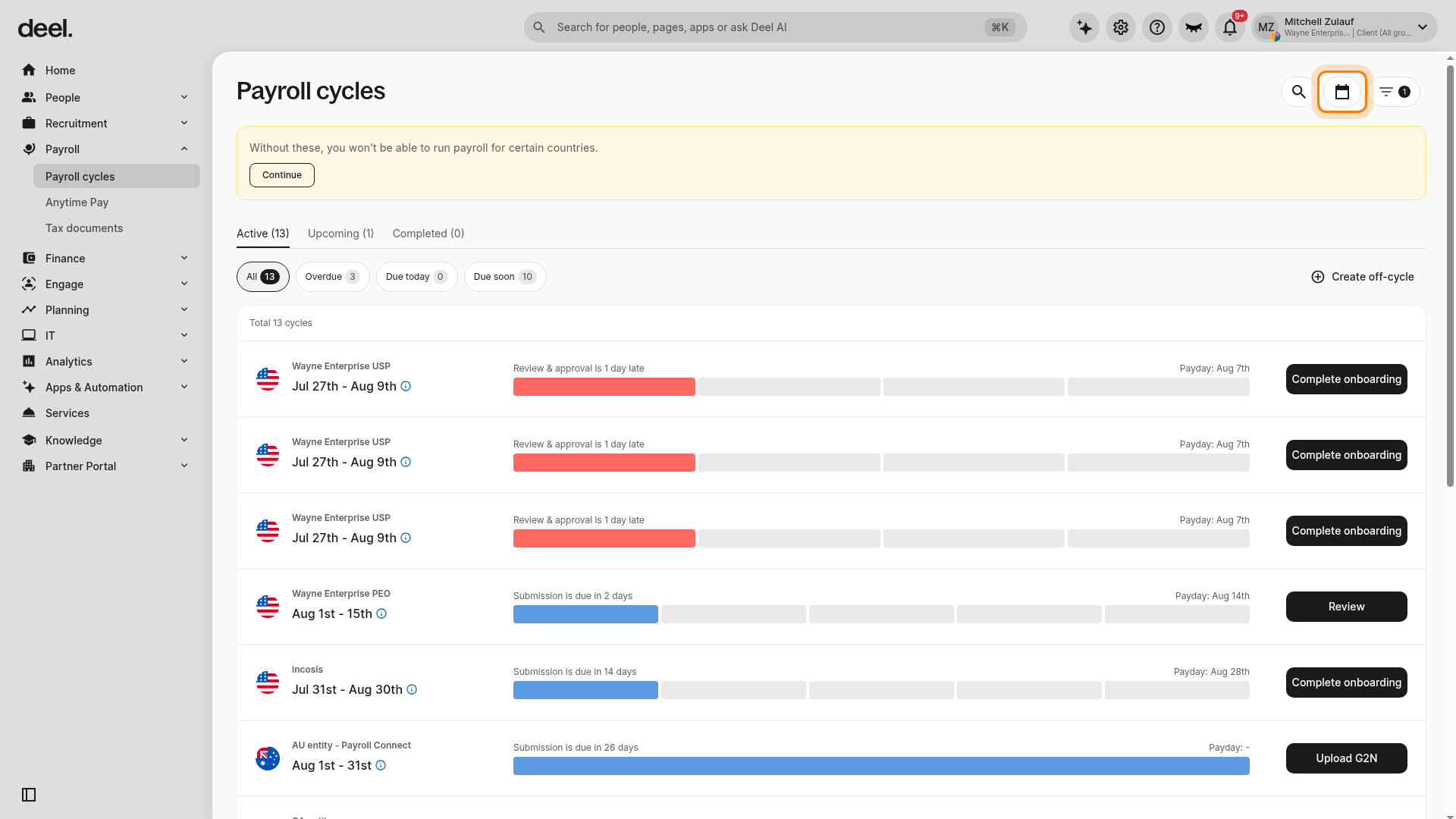 Calendar icon on the Payroll cycles page