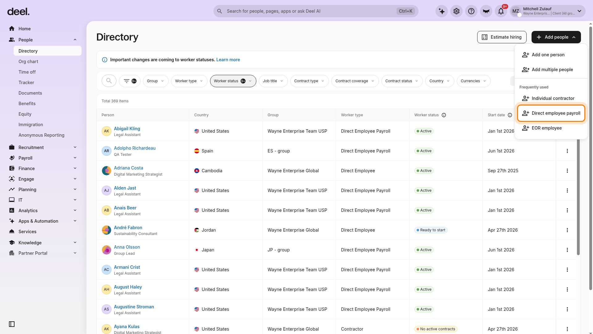 Direct employee payroll option in the Add people menu